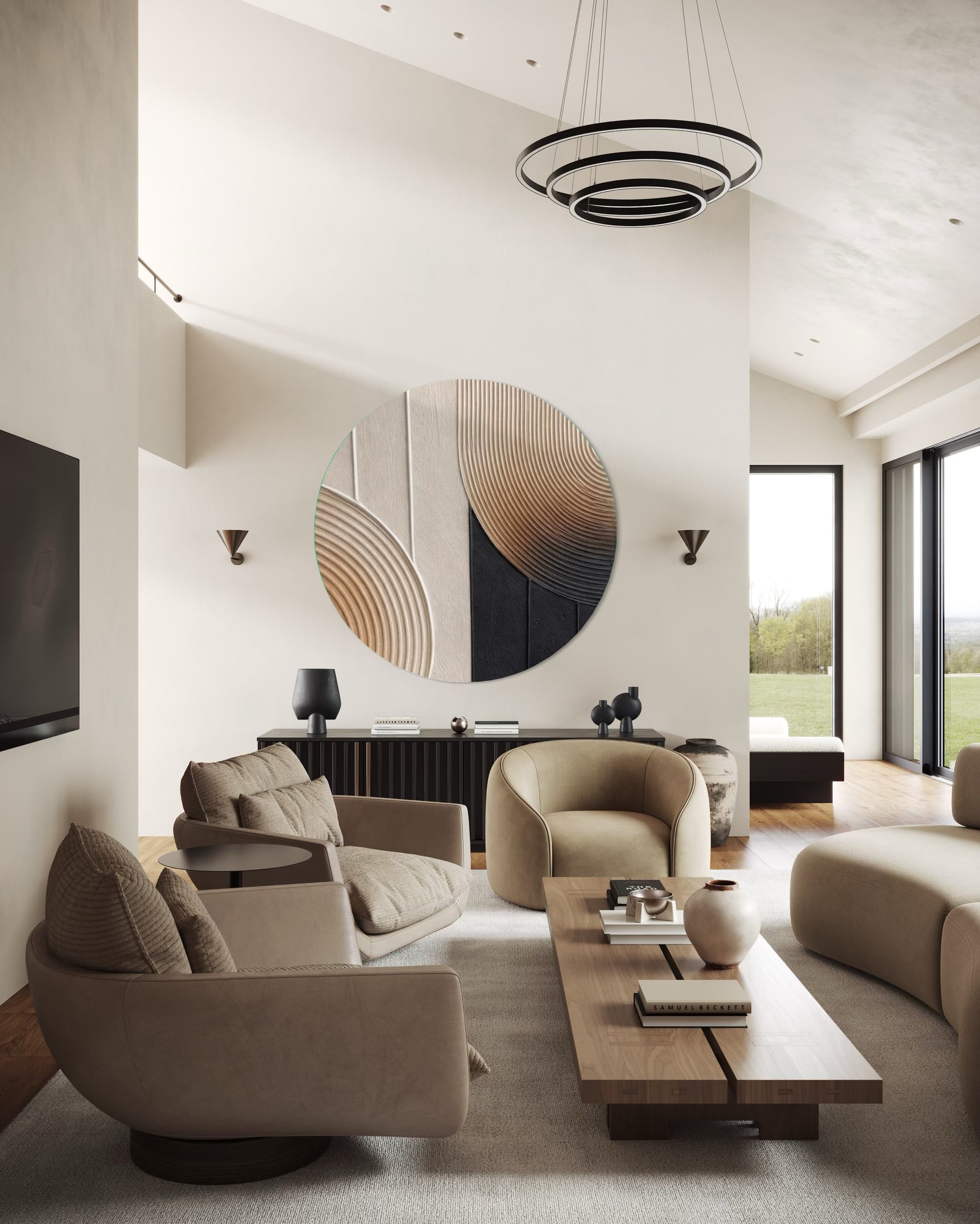 Modern living room with beige furniture and decorative wall art