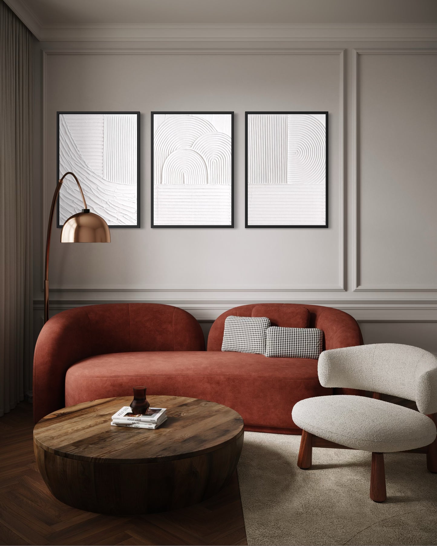 Modern living room with a red sofa, wooden coffee table, and abstract wall art.