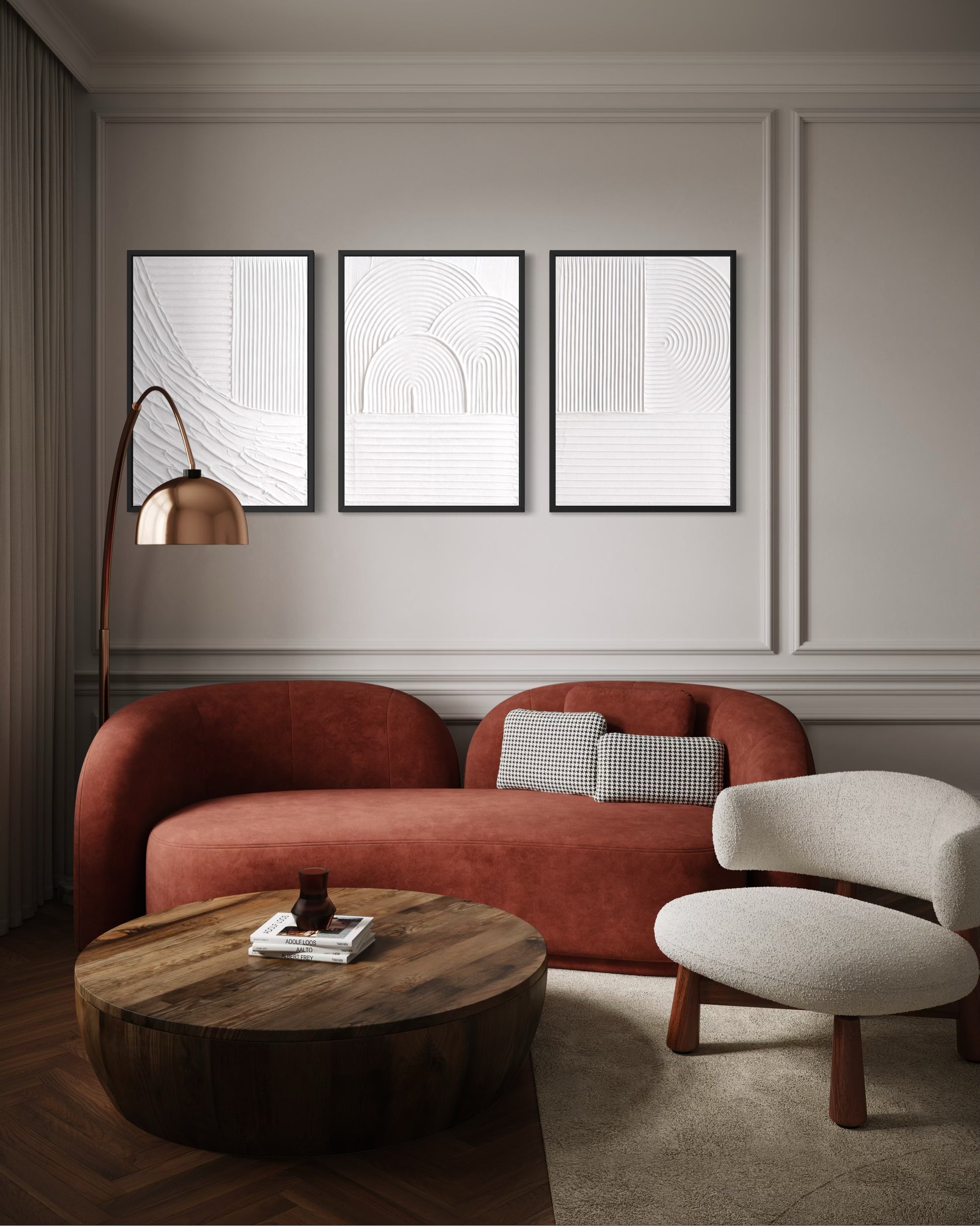 Modern living room with a red sofa, wooden coffee table, and abstract wall art.