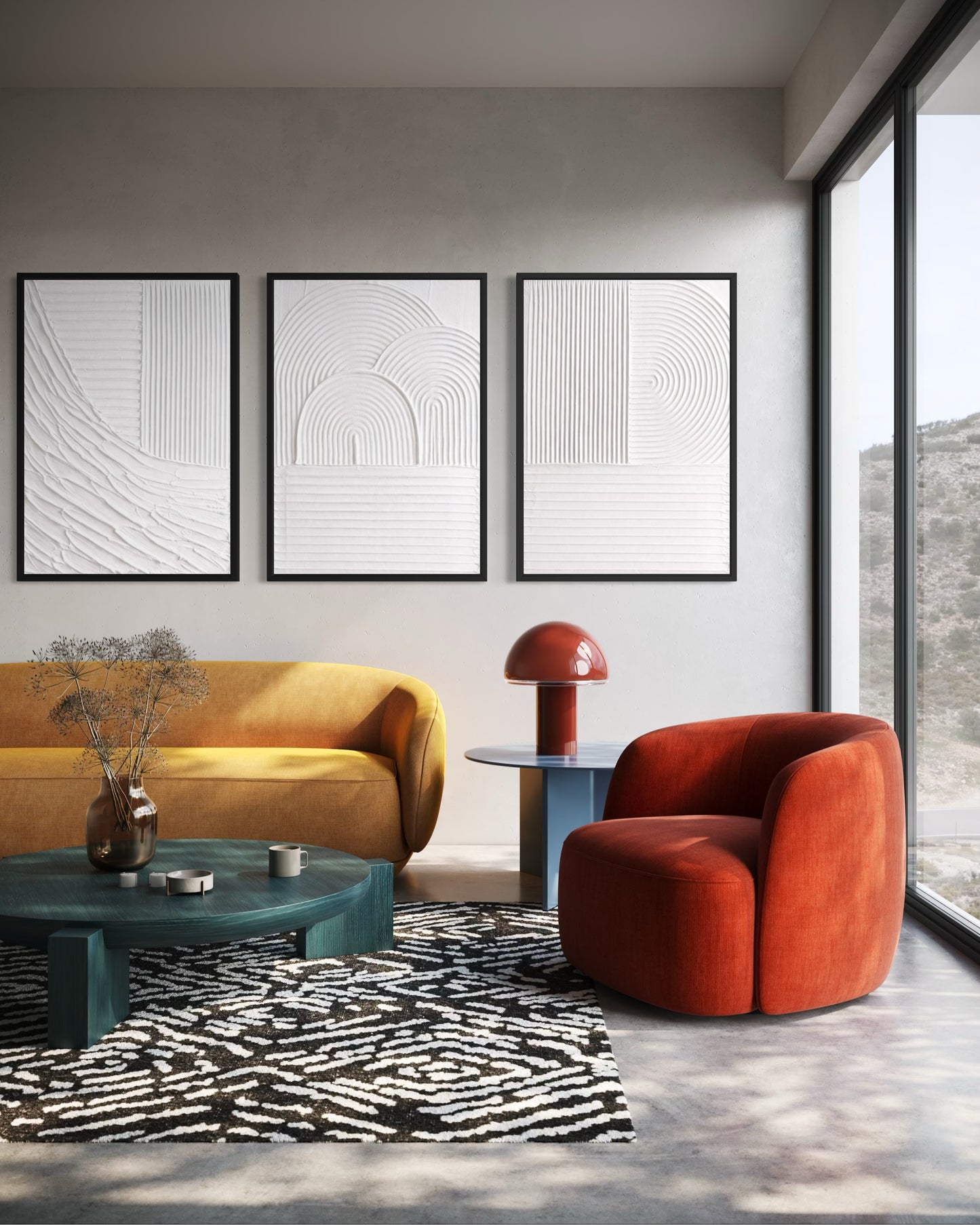 Modern living room with a yellow sofa, red armchair, and abstract art on the wall.