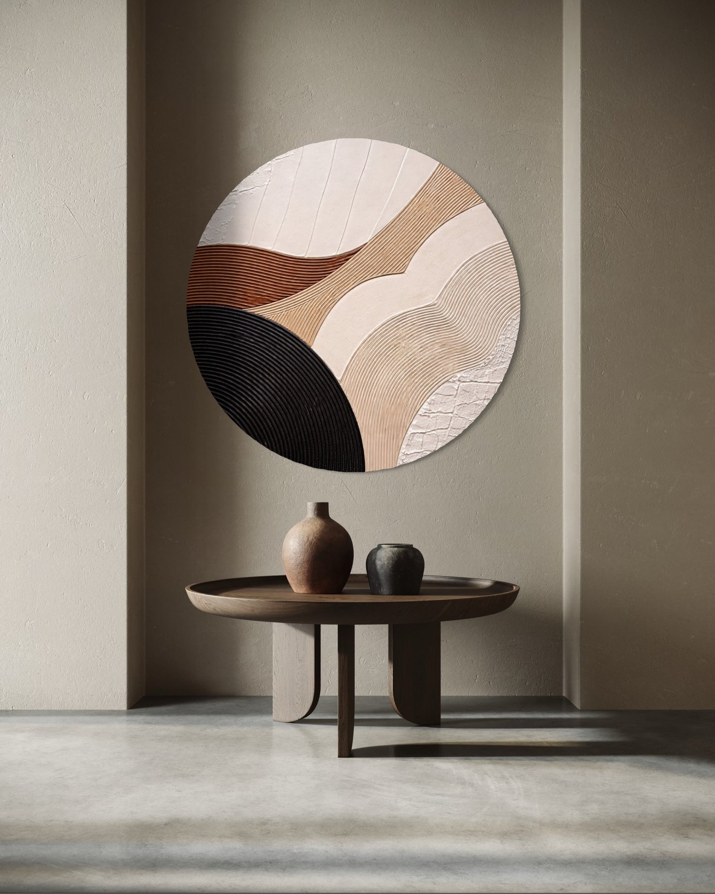 Decorative wall piece with abstract design in a minimalistic room.
