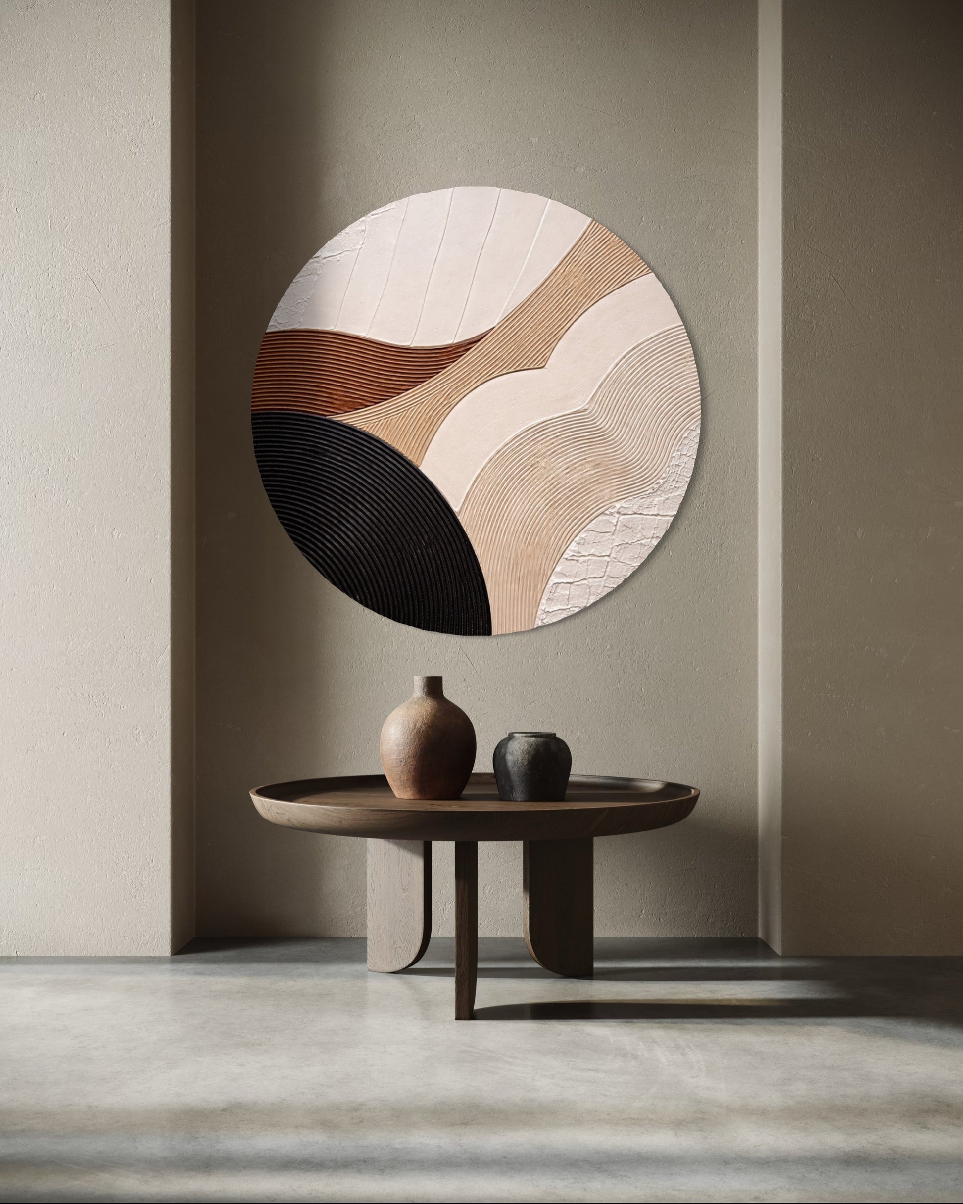 Decorative wall piece with abstract design in a minimalistic room.