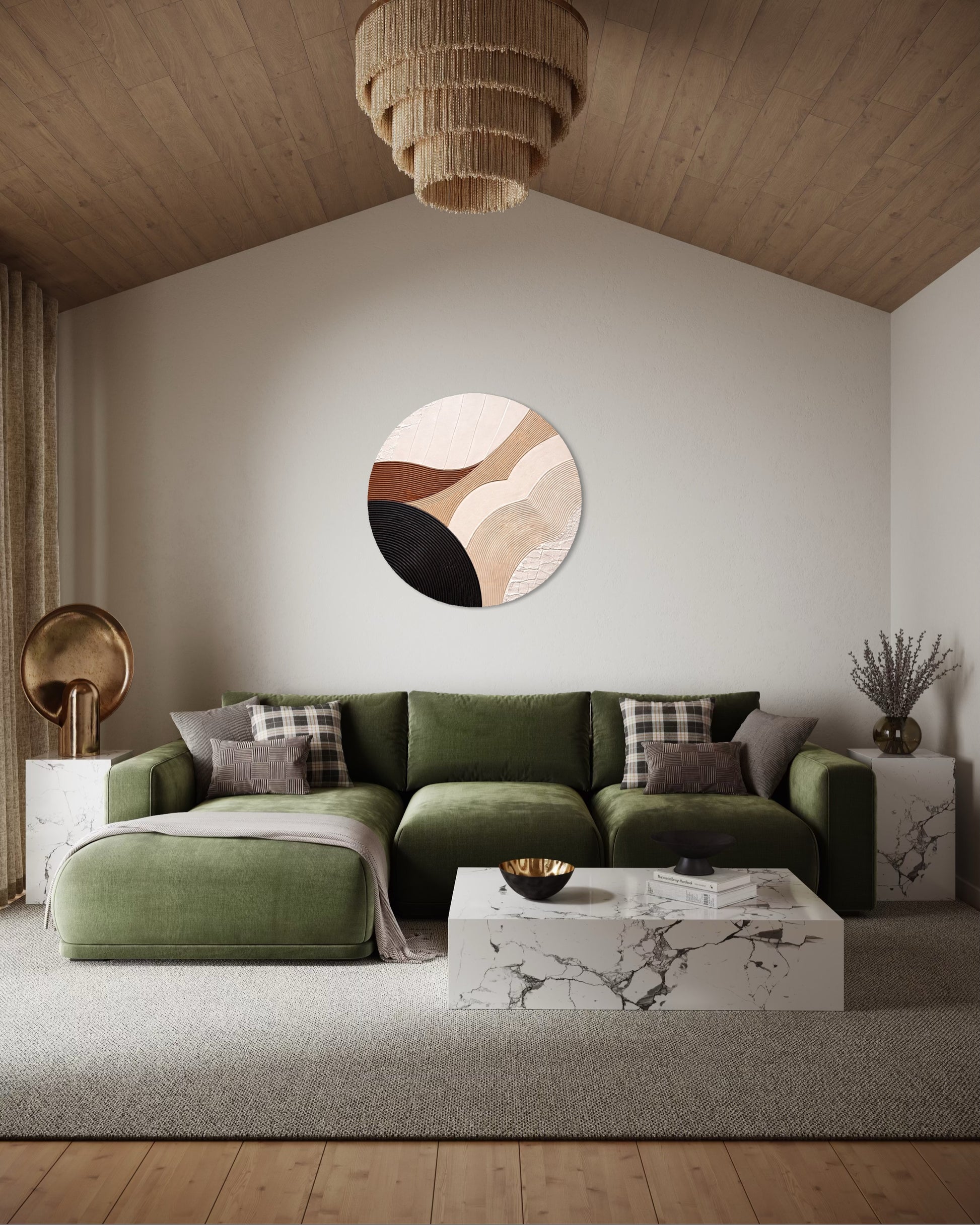 Modern living room with a green sofa, marble coffee table, and abstract wall art.