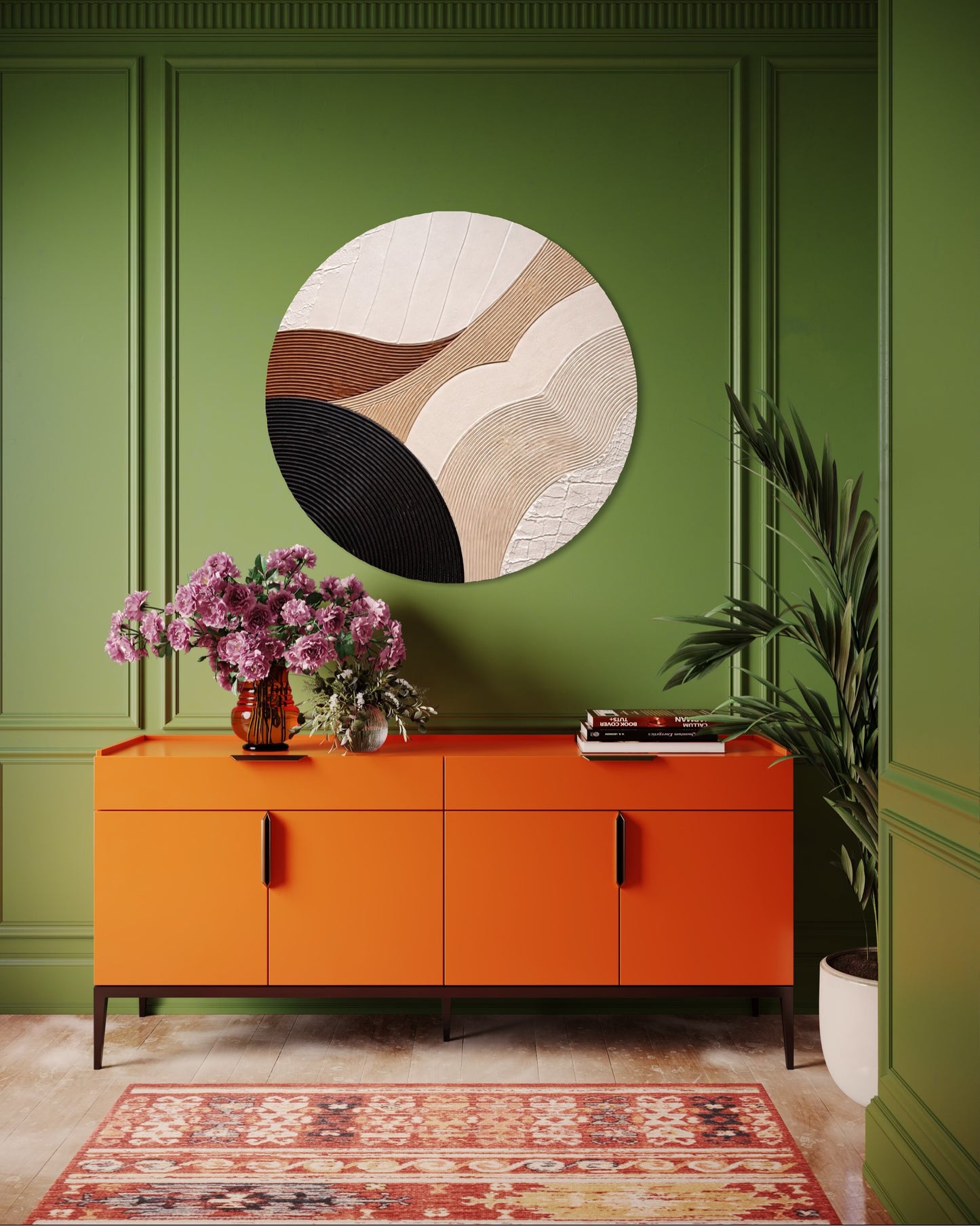 Orange cabinet against a green wall with decorative elements