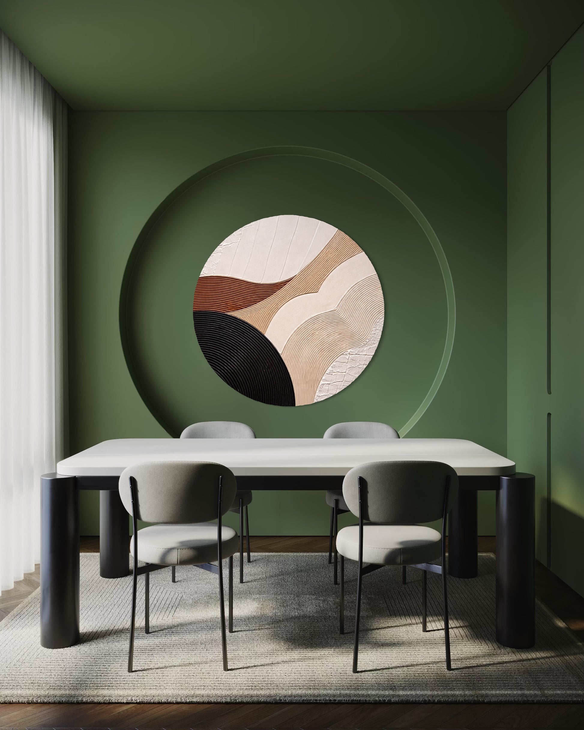 Modern dining room with a round abstract wall art piece on a green wall.