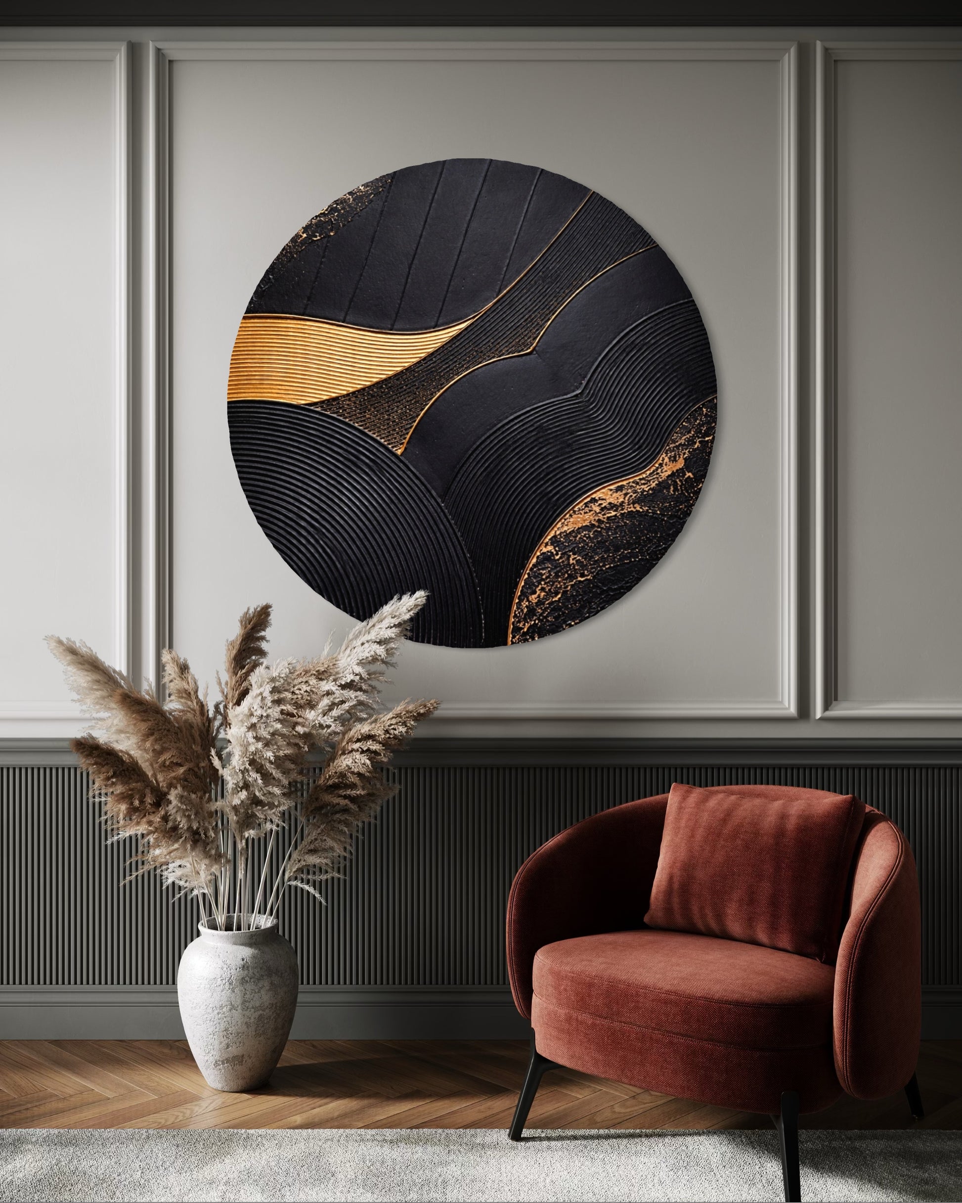 Abstract wall art piece in a modern interior setting with a chair and vase.