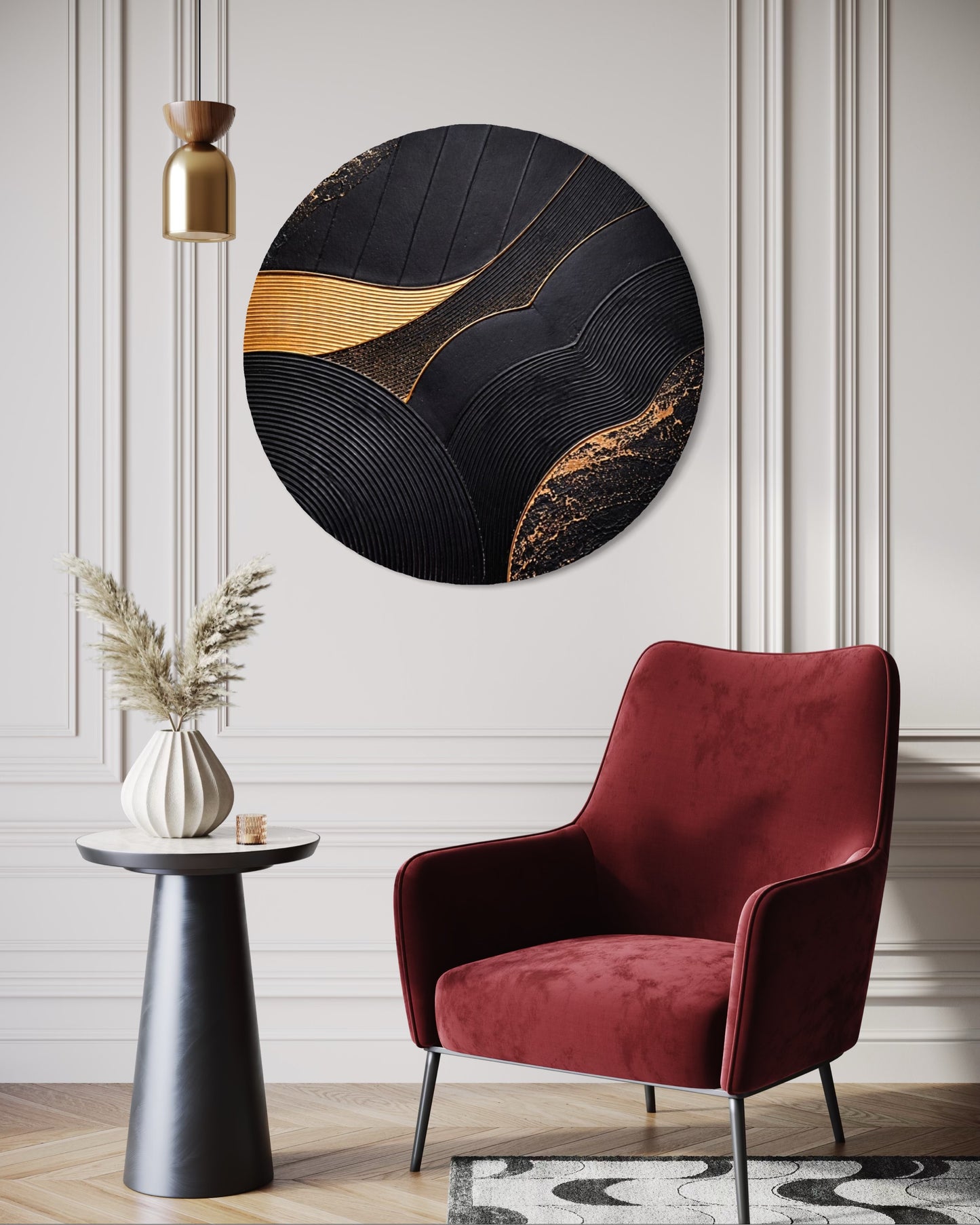 Modern interior with a red armchair, round abstract wall art, and small table with decorative elements.