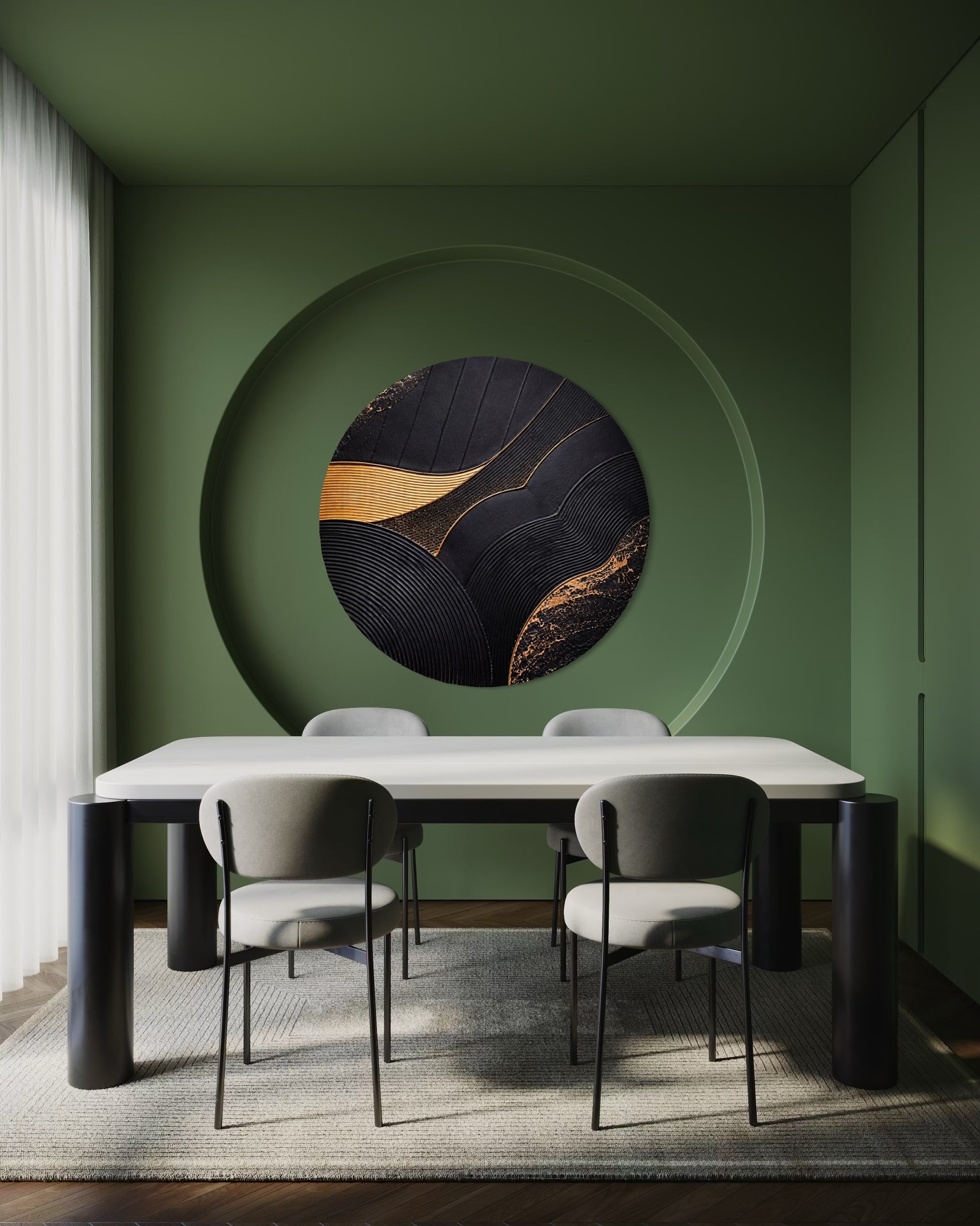 Dining room with a round abstract painting on a green wall, white table, and gray chairs.