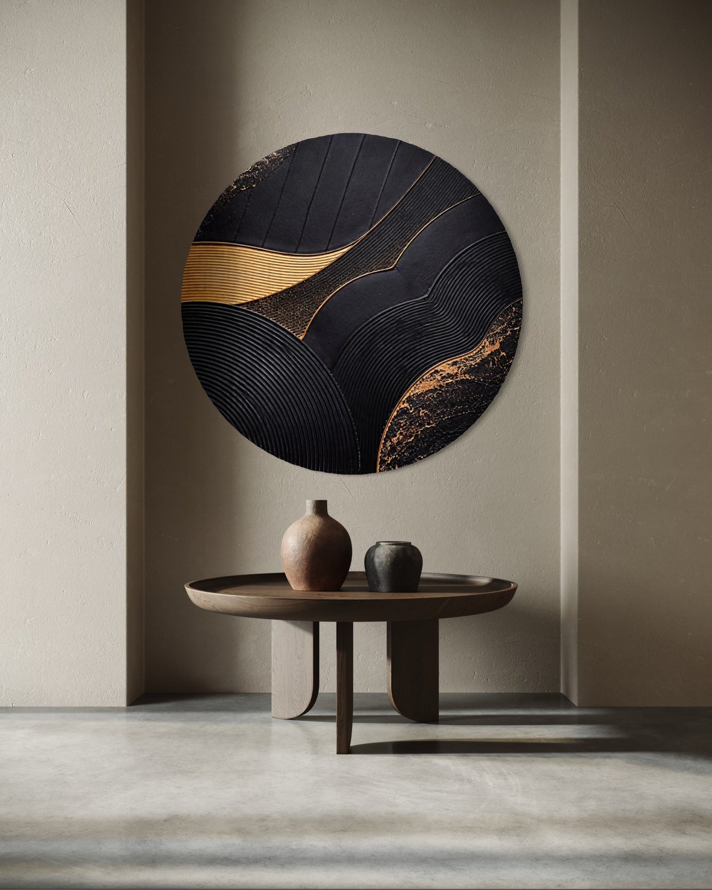 Abstract wall art piece with gold and black design on a beige wall.