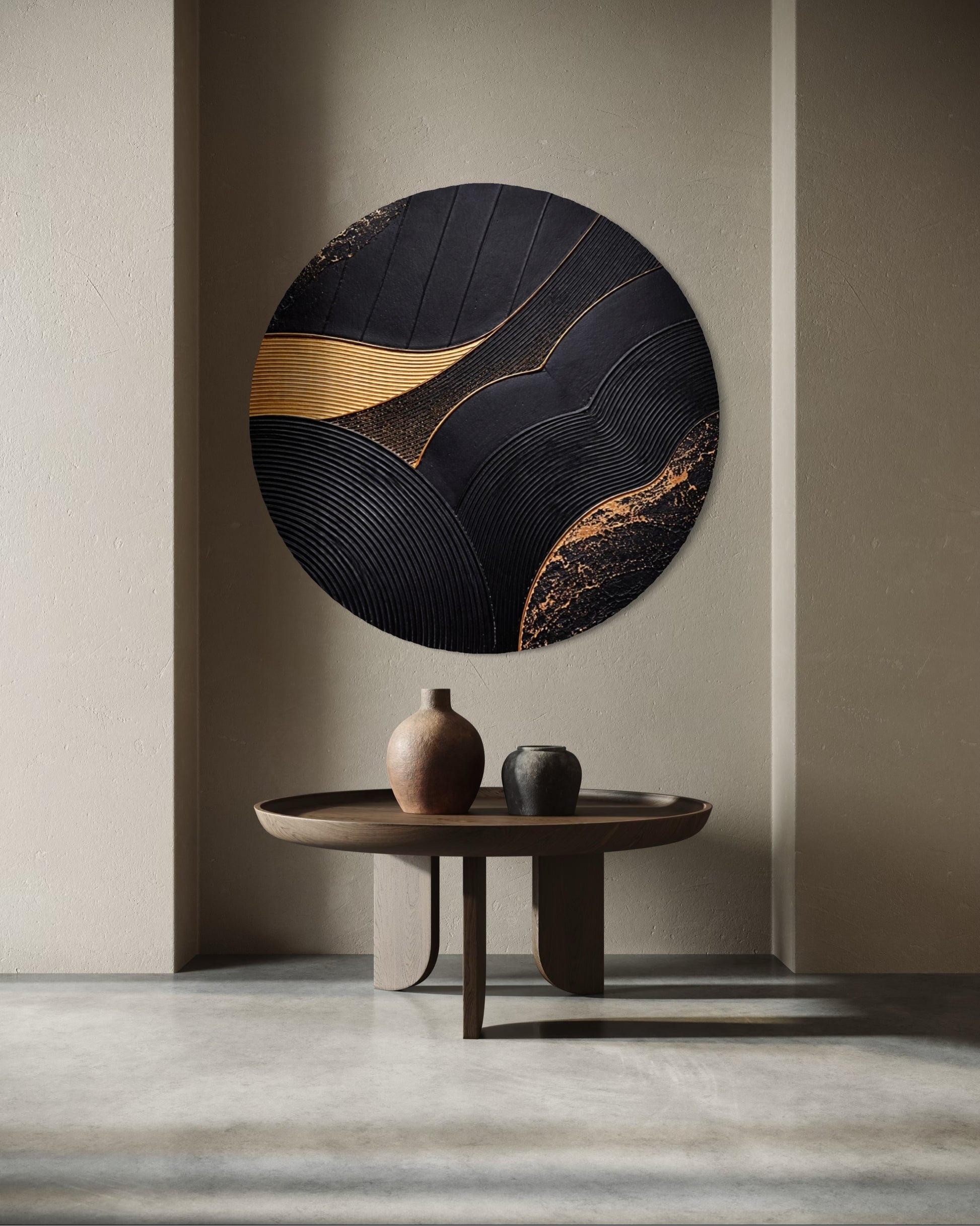 Abstract wall art piece with gold and black design on a beige wall.