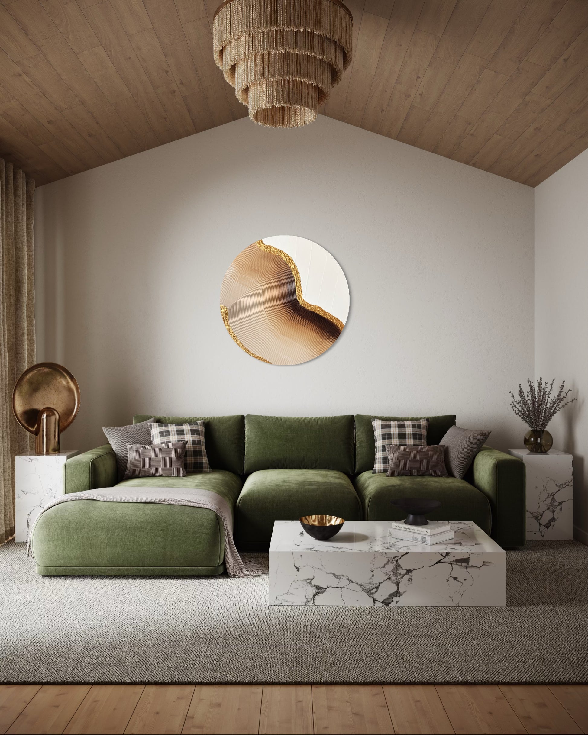 Modern living room with green sofa, marble coffee table, and decorative wall art.