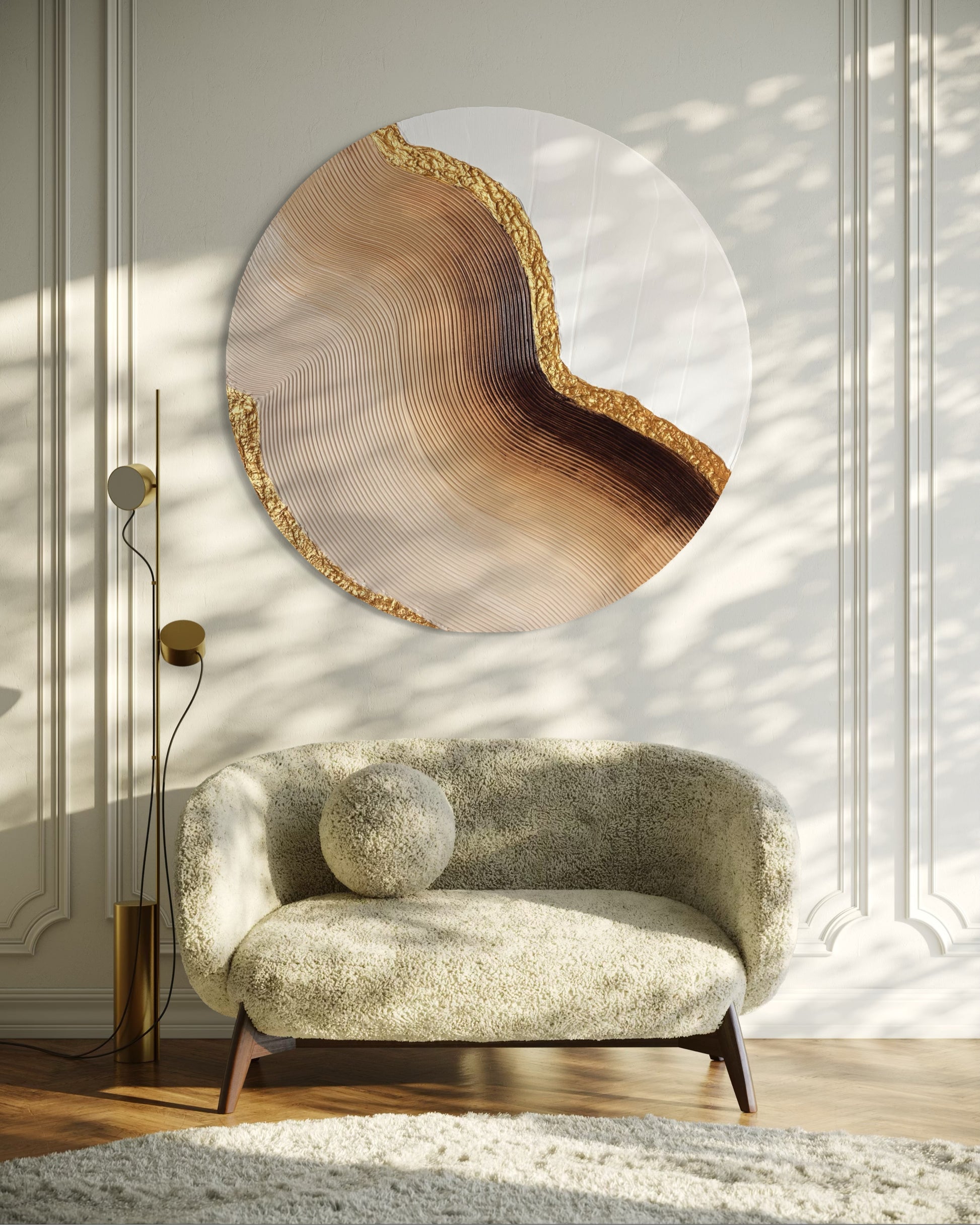 Modern living room with a textured sofa, decorative wall piece, and floor lamp.