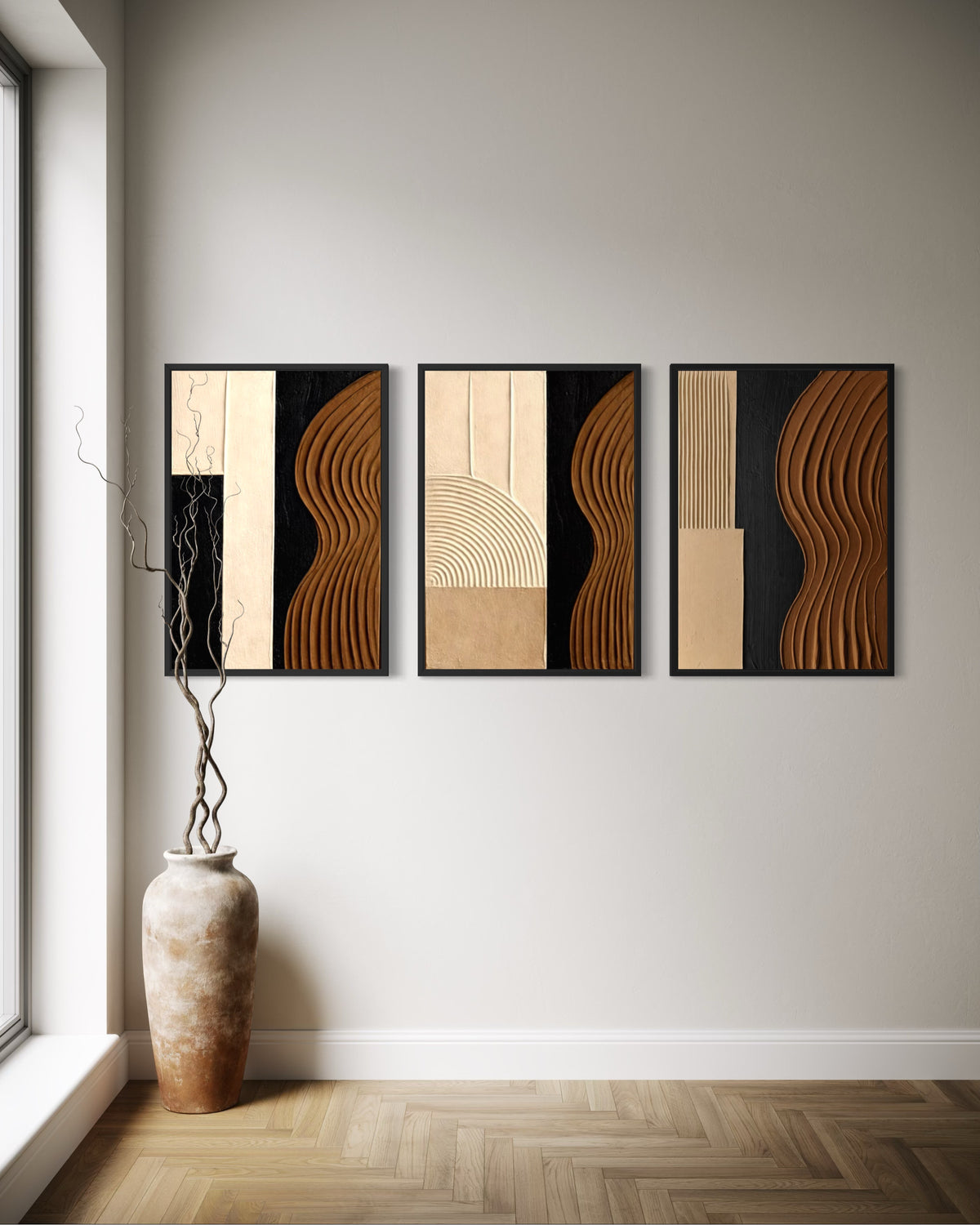 GEOMETRIC III set of 3 textured wall art paintings in brown, black and beige displayed in a modern interior