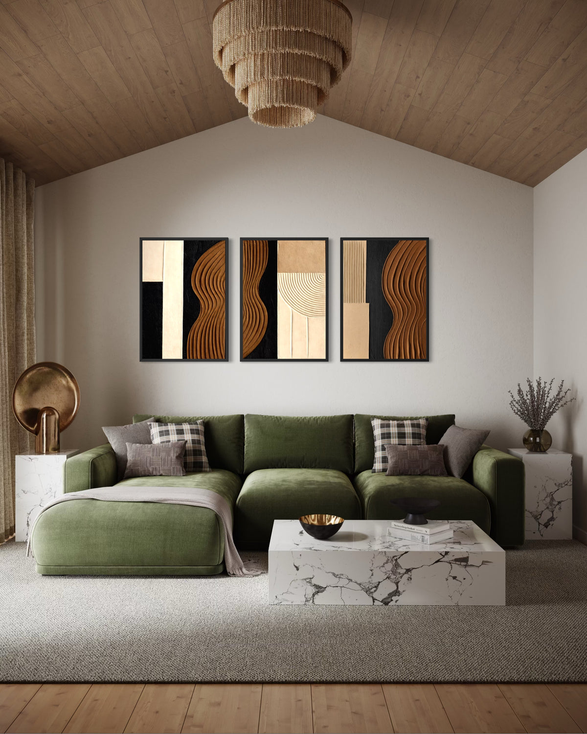 GEOMETRIC III 3er Set Struktur Wandbilder in Braun, Schwarz und Beige in einem modernen Wohnraum