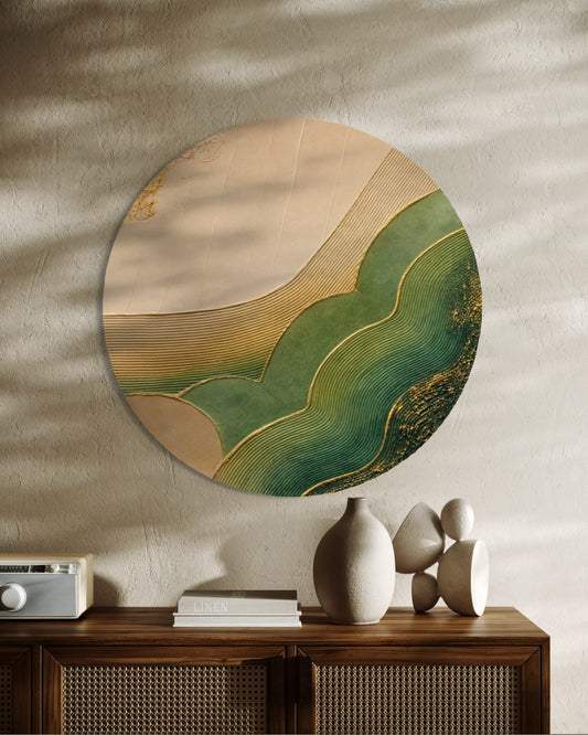 Round wall art piece with green and gold design on a beige wall above a wooden console table.
