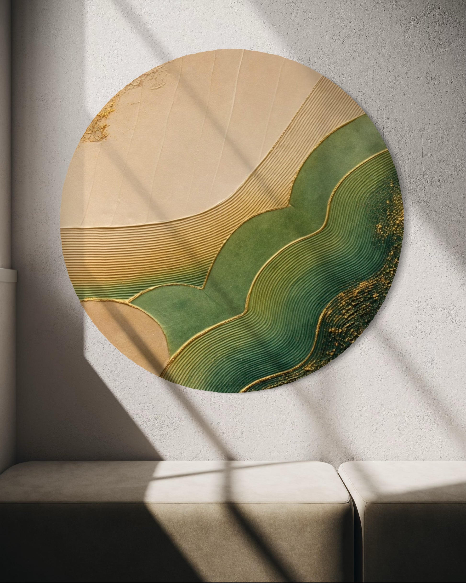 Round decorative piece with gold and green patterns on a neutral background