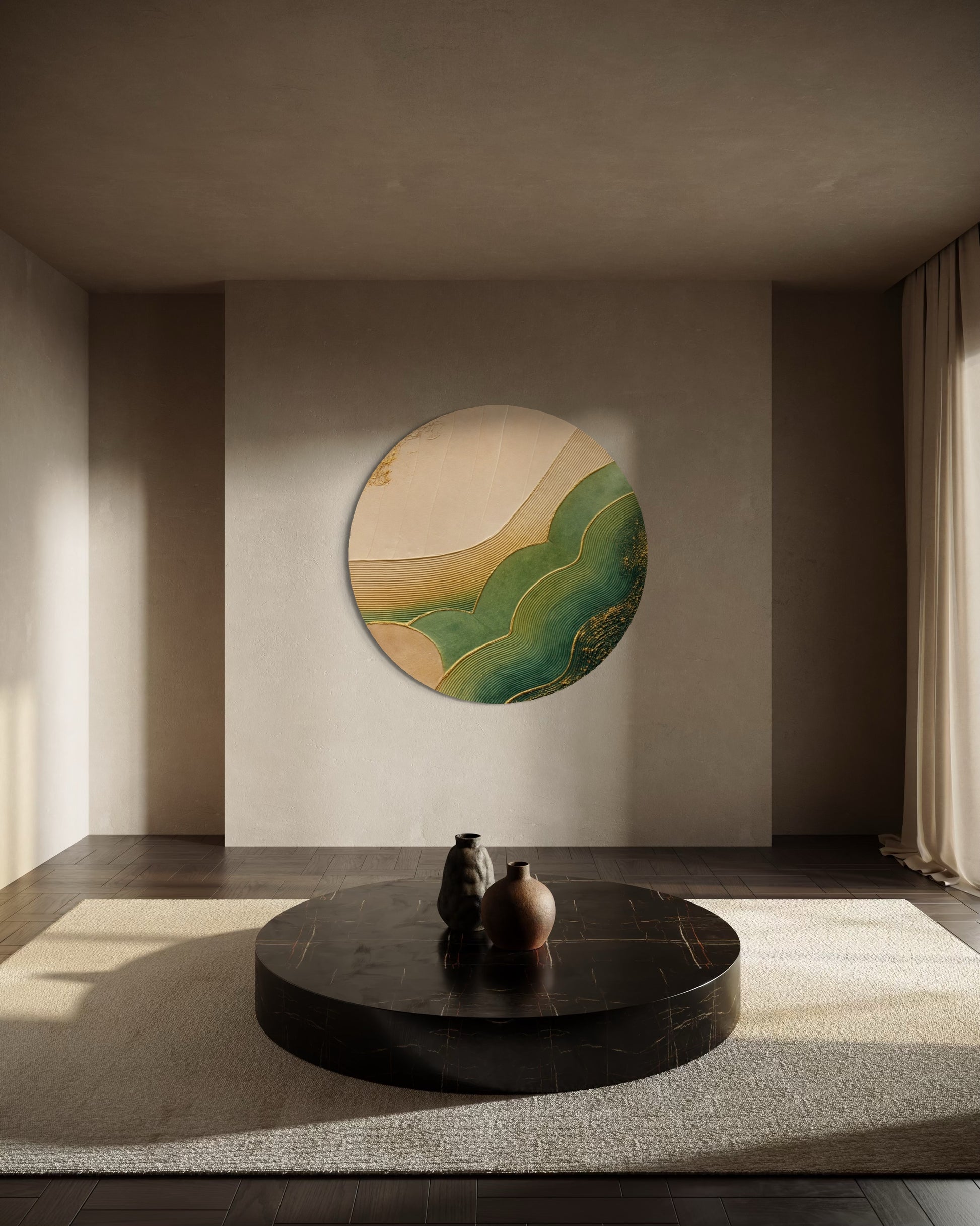 Round abstract painting on a wall in a minimalistic room with a table and decorative items.