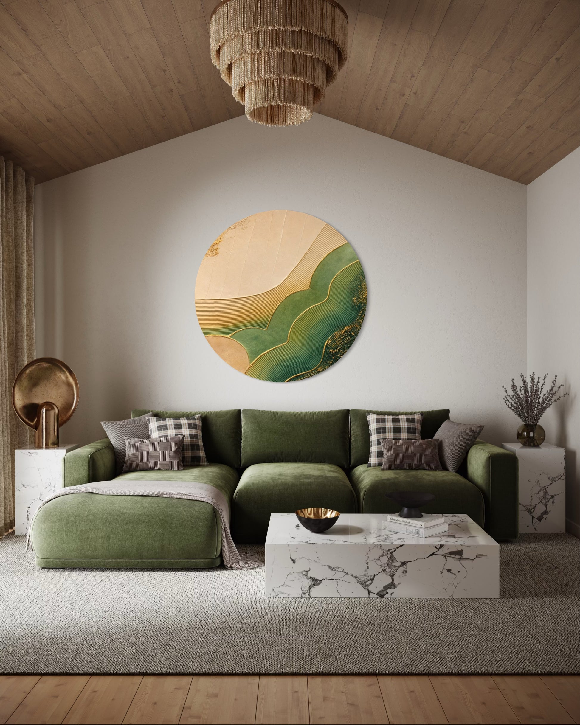 Modern living room with a green sofa, marble coffee table, and abstract wall art.
