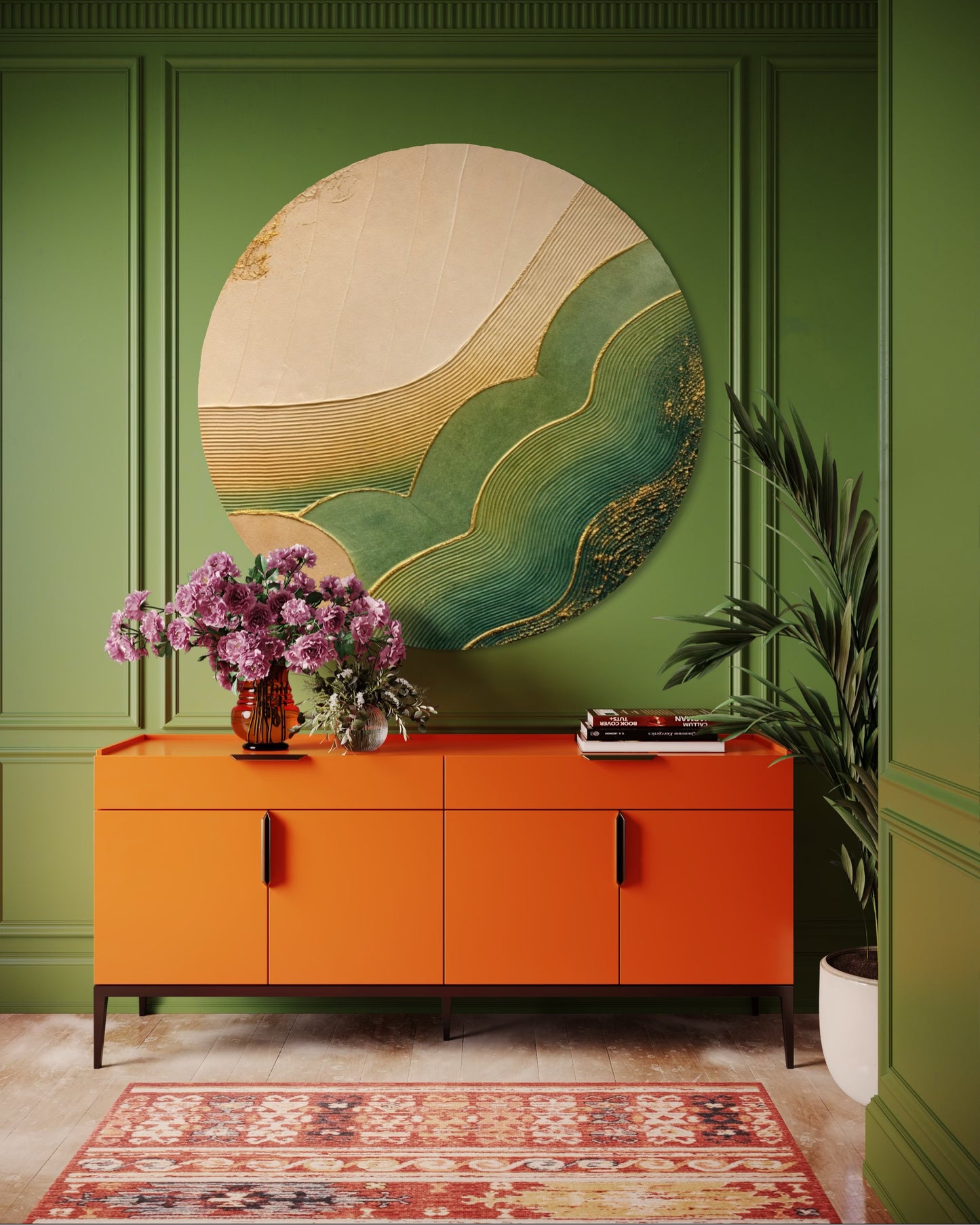 Orange cabinet against a green wall with abstract art and decorative elements.