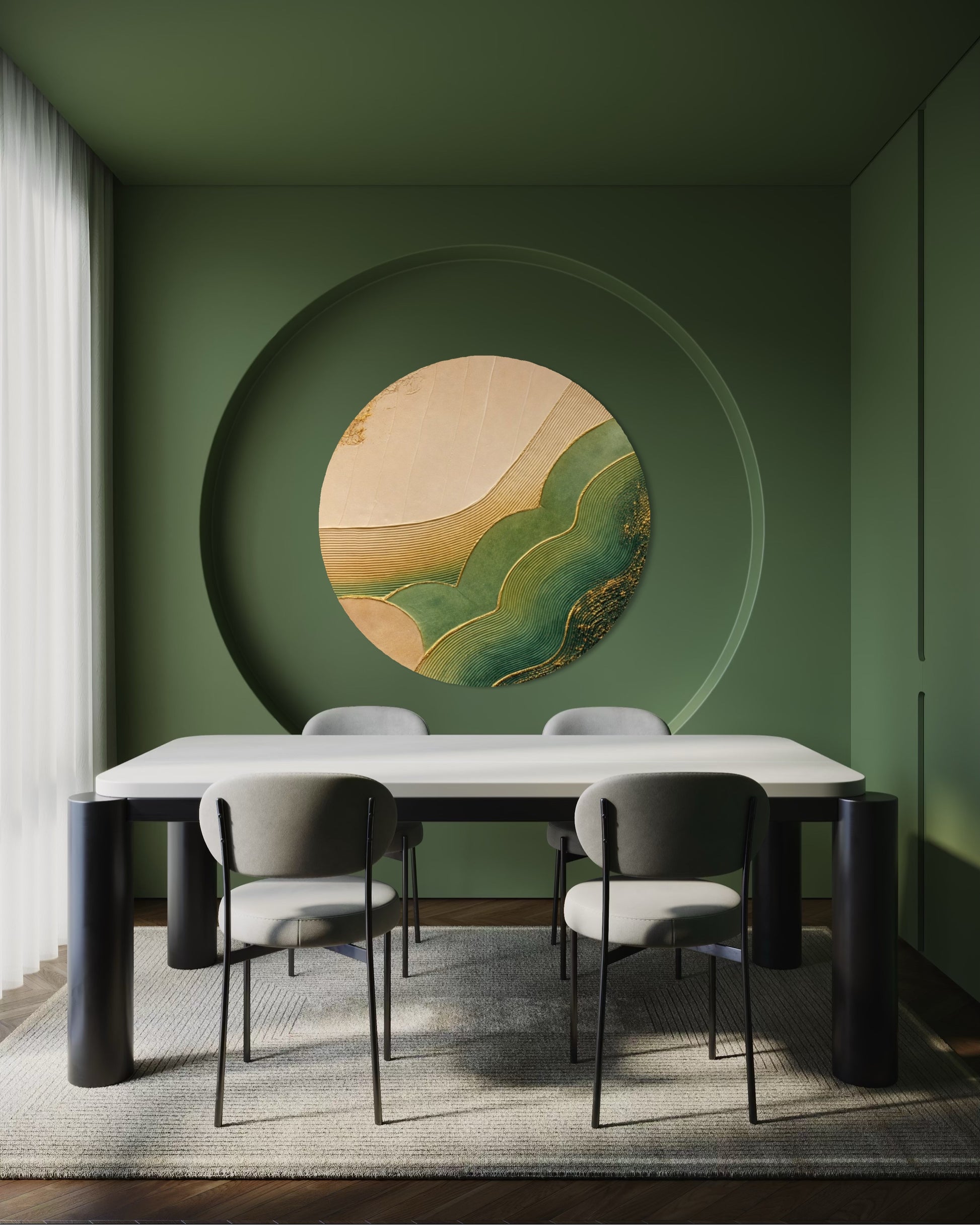 Dining room with a round abstract painting on a green wall, white table, and gray chairs.