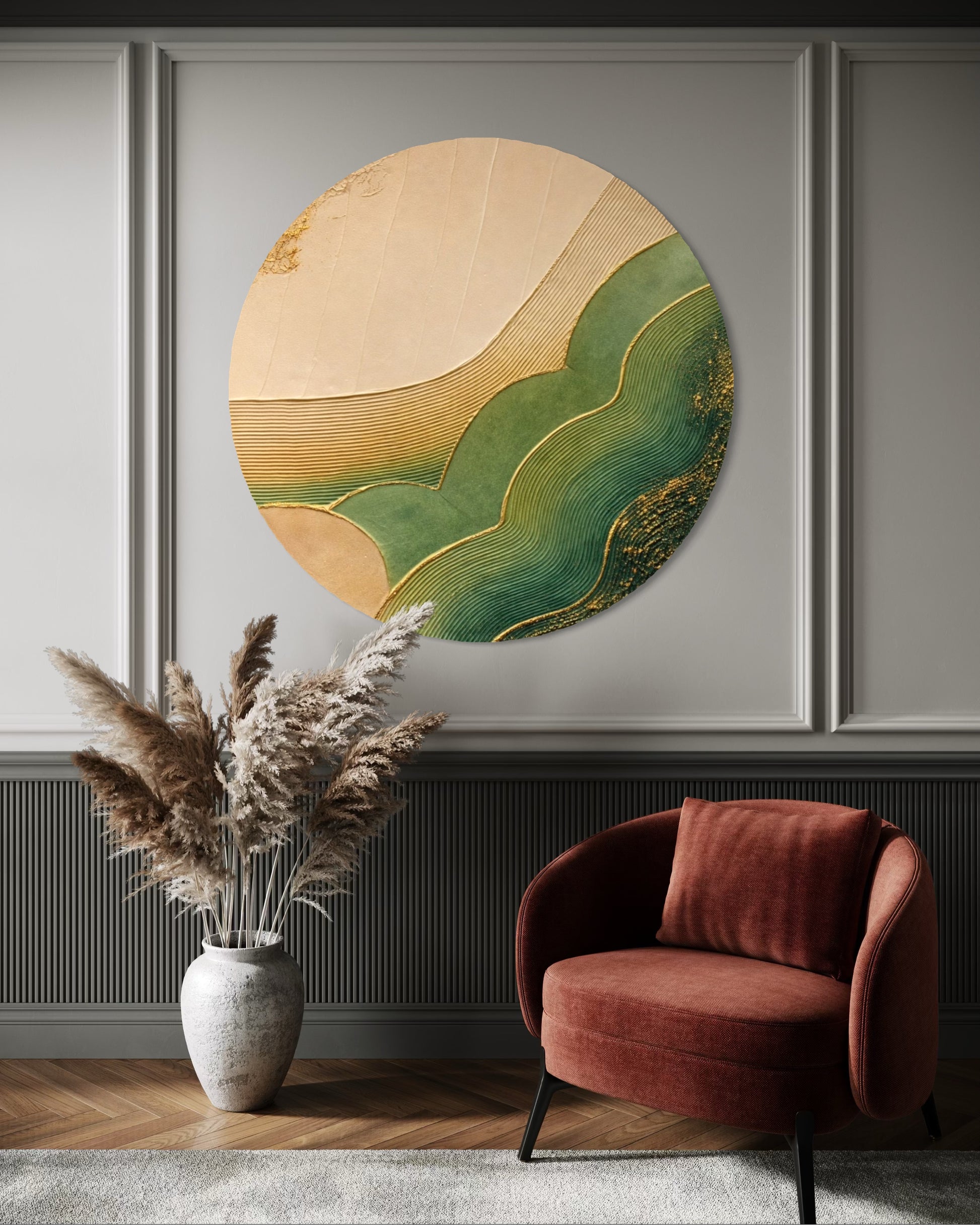 Round abstract wall art piece in a living room with a chair and vase.