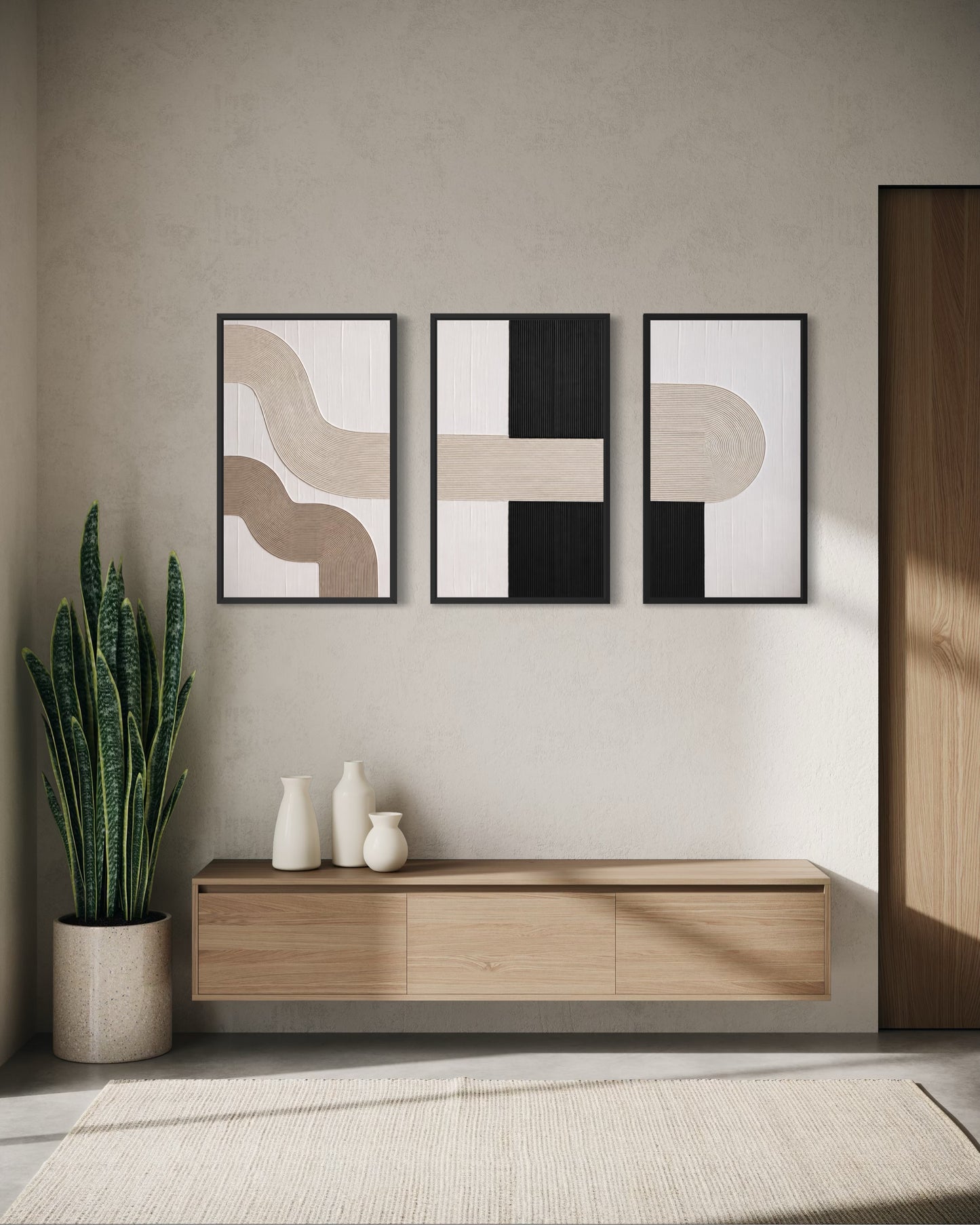 Minimalistyczny tryptyk 3D z masy strukturalnej z abstrakcyjnymi liniami i geometrycznymi kształtami w czarnej ramie typu American Box.