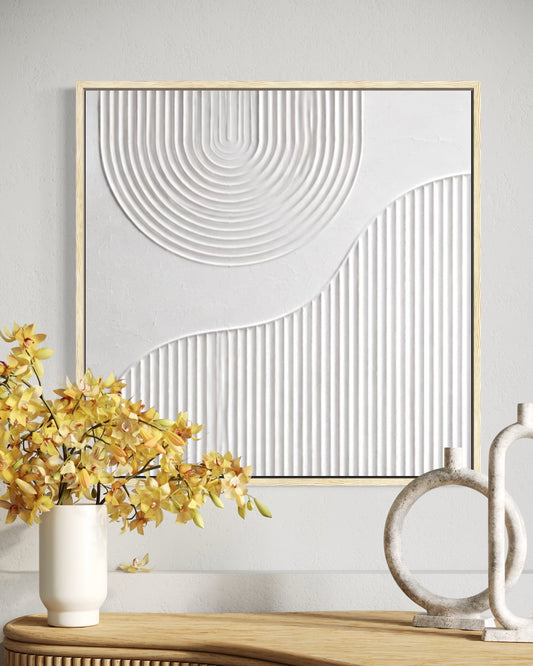 AETHER biały obraz strukturalny 3D z geometrycznymi łukami i wypukłymi liniami.