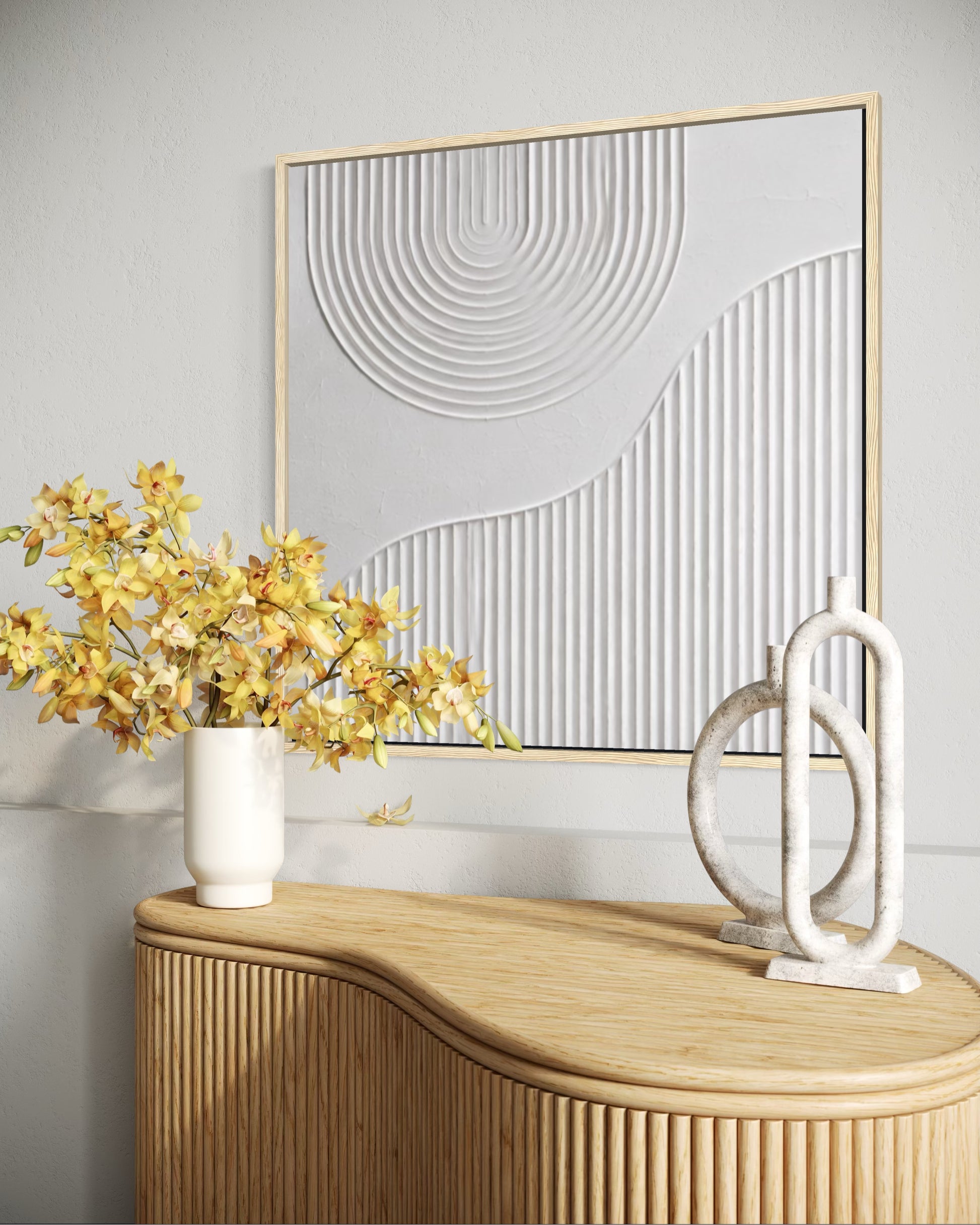 Minimalistyczny obraz na ścianę AETHER z trójwymiarową geometryczną strukturą.