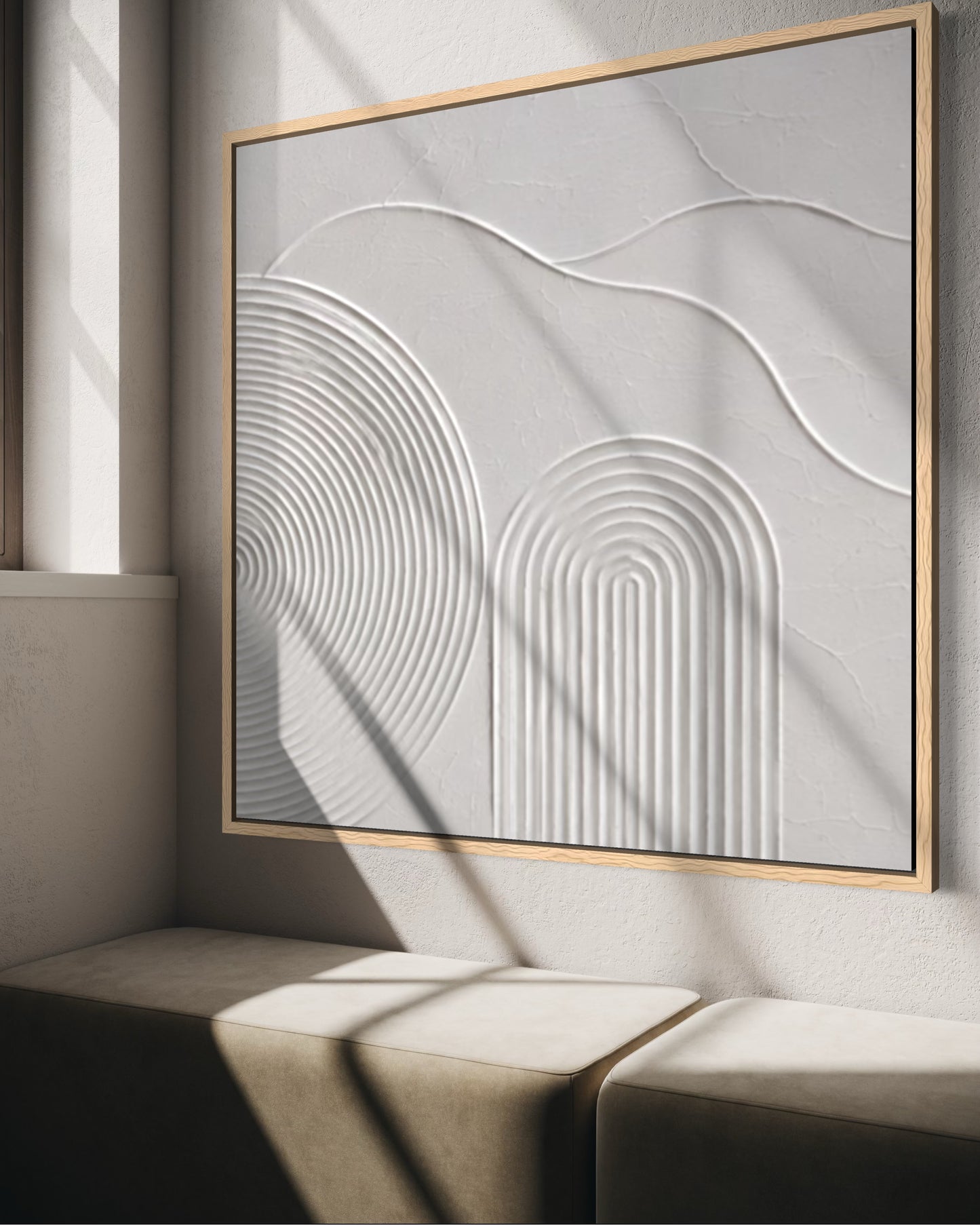 AETHER biały obraz strukturalny 3D z geometrycznymi łukami i wypukłymi liniami.