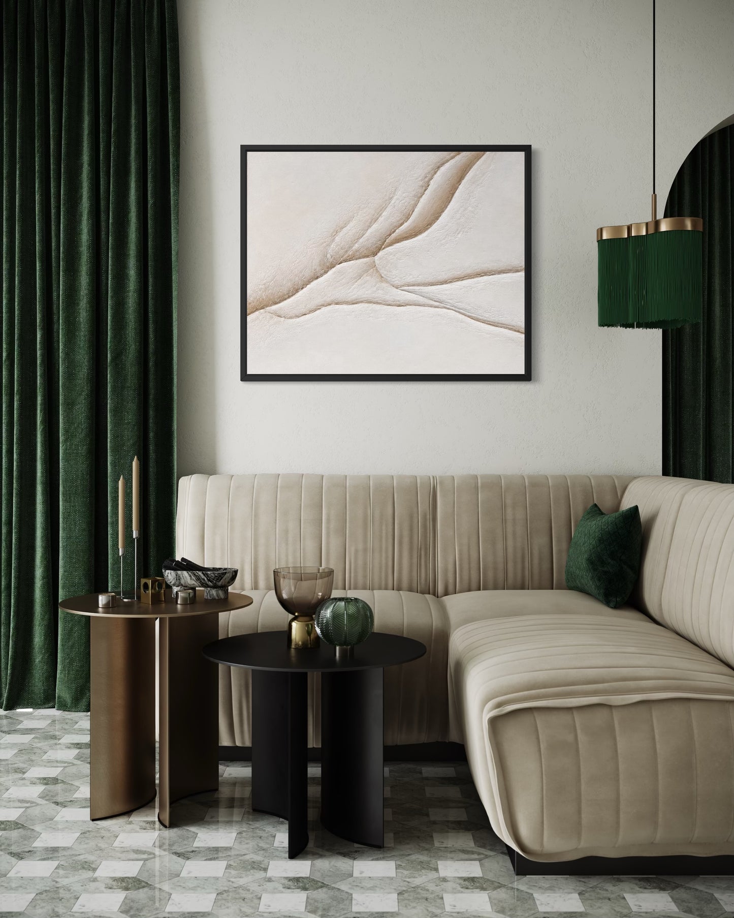 A framed abstract art print with flowing beige and cream lines hangs on a light gray wall above a beige sectional sofa in a modern living room with dark green curtains and side tables.