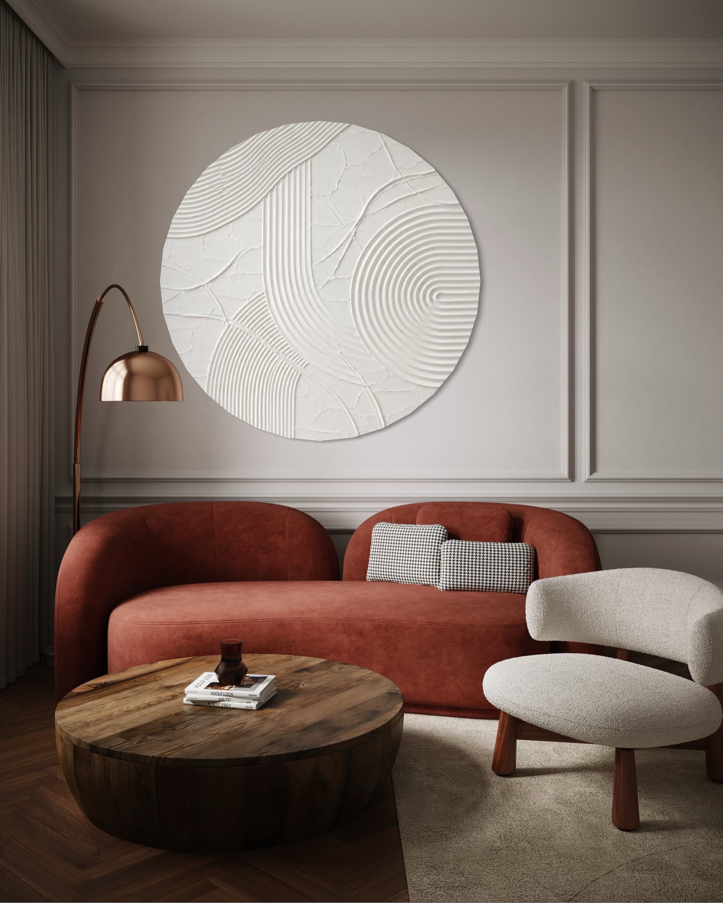 Rundes modernes Wandbild mit Reliefstruktur im Japandi- und Wabi-Sabi-Stil.