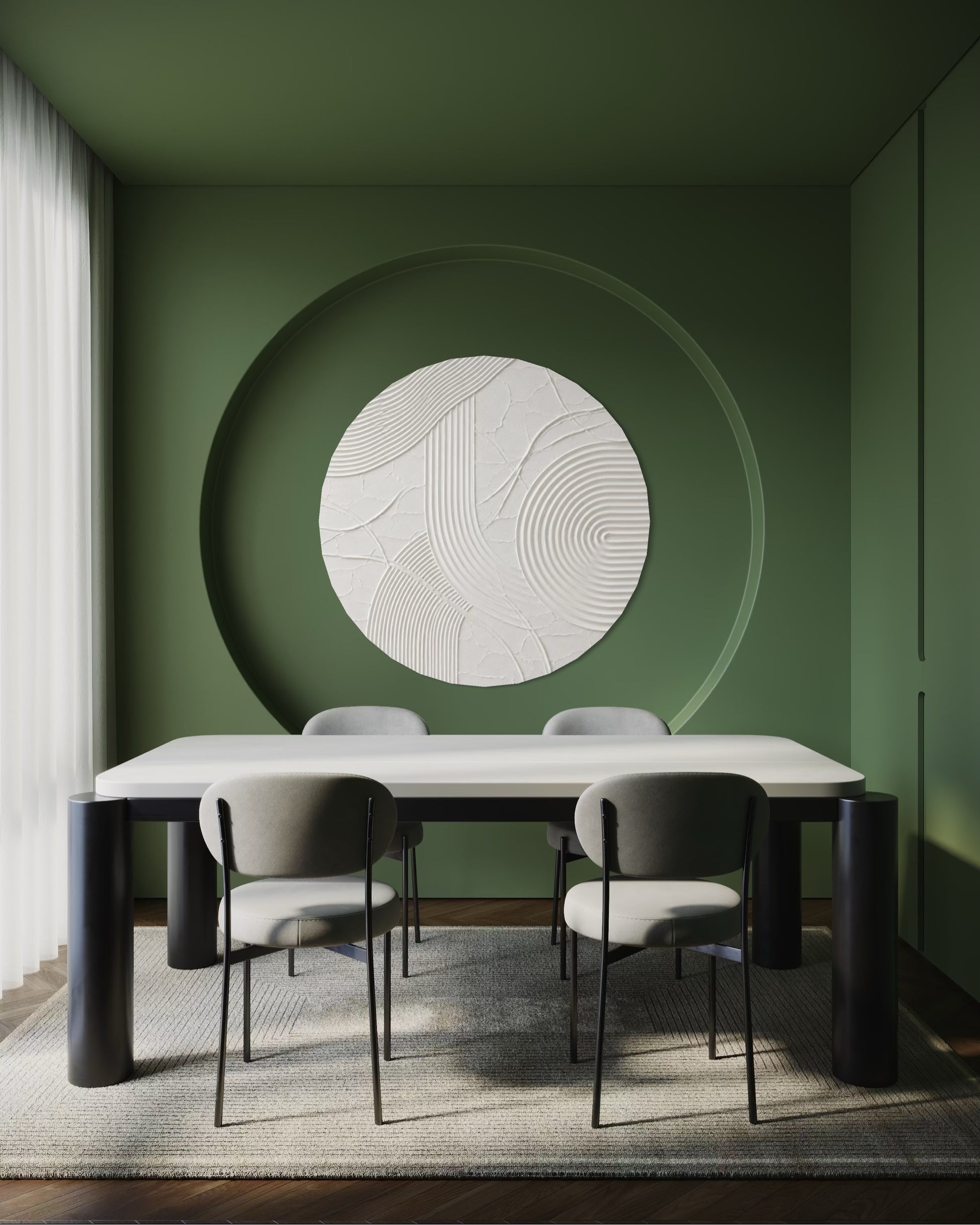 Weißes 3D-Wandbild ERIS mit geometrischen Bögen und skulpturaler Oberflächenstruktur.