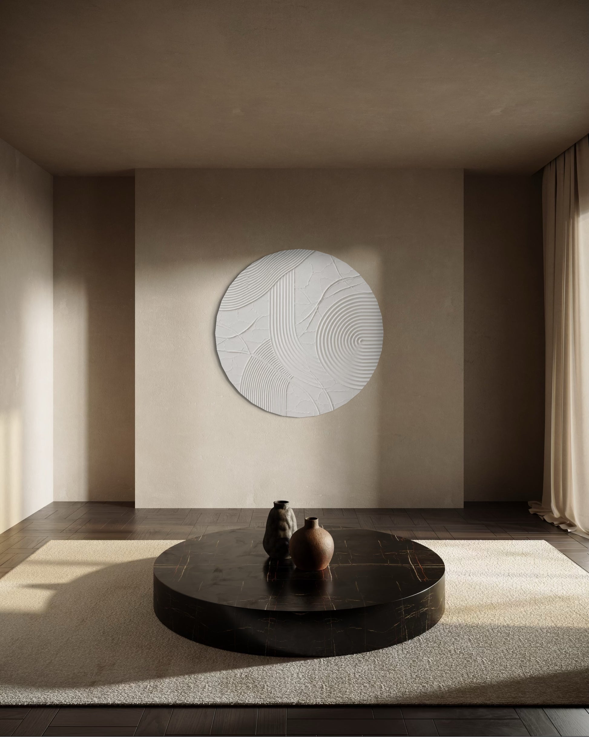 Handgefertigtes rundes Strukturbild ERIS in Weiß für ein modernes minimalistisches Interieur.