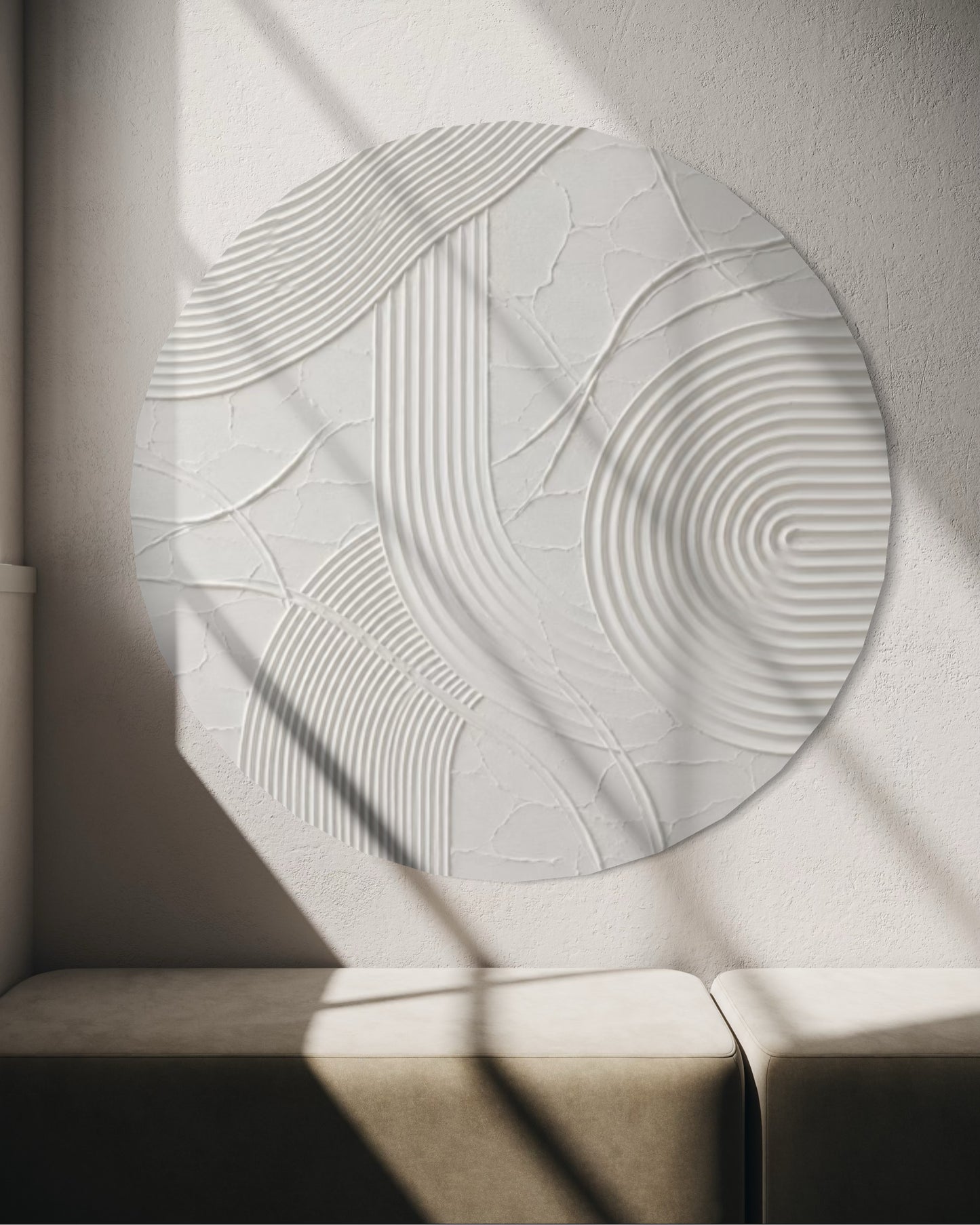 ERIS okrągły biały obraz strukturalny 3D z geometrycznym wzorem i łukami.