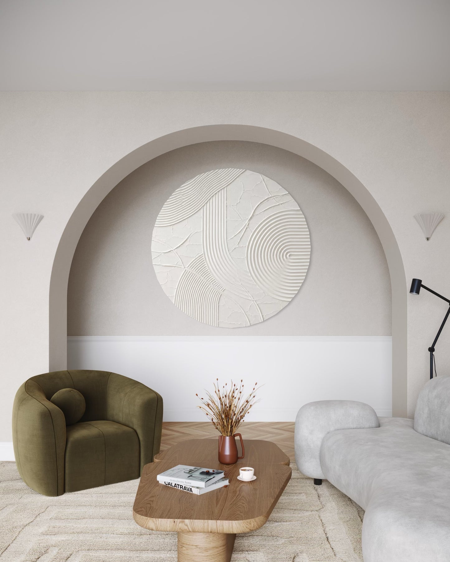 ERIS rundes weißes Strukturbild mit geometrischem 3D-Relief und geschwungenen Linien.