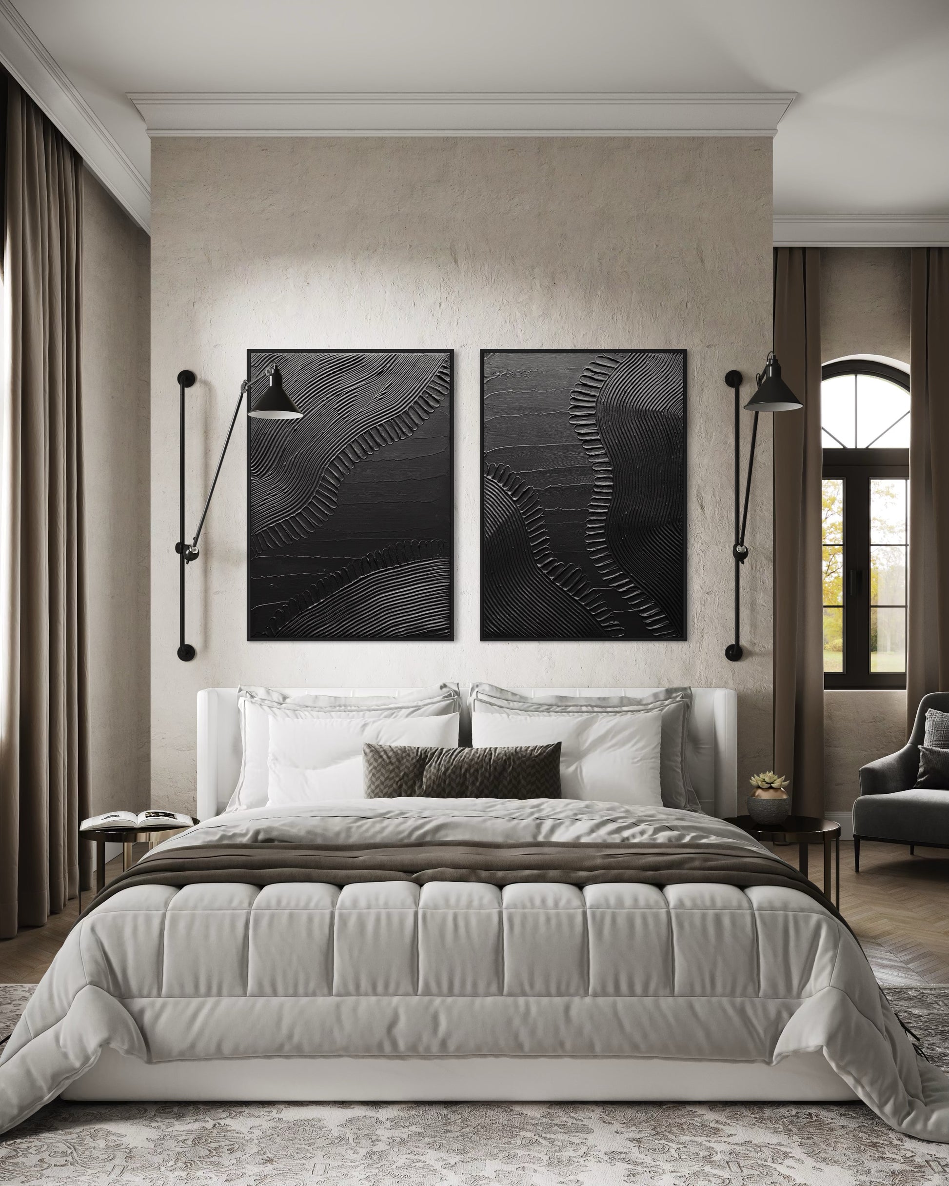 Modern bedroom with a bed, wall art, and side lamps.