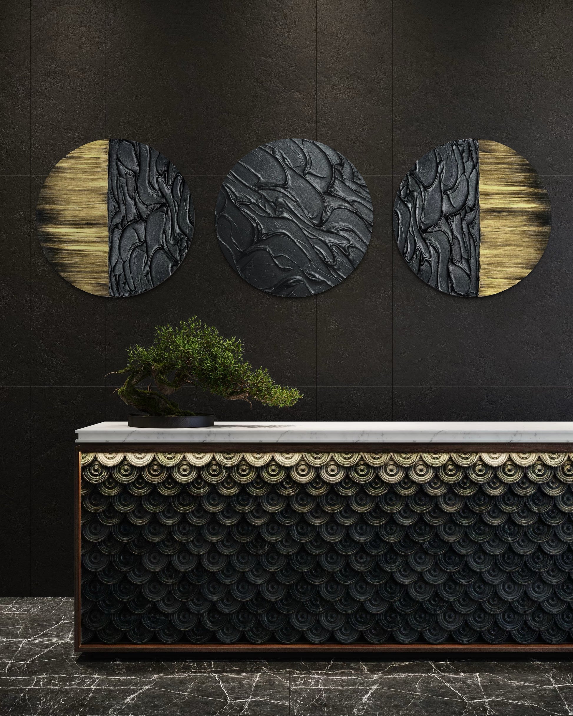 Handmade round wall art set of 3 in black with shimmering gold detail