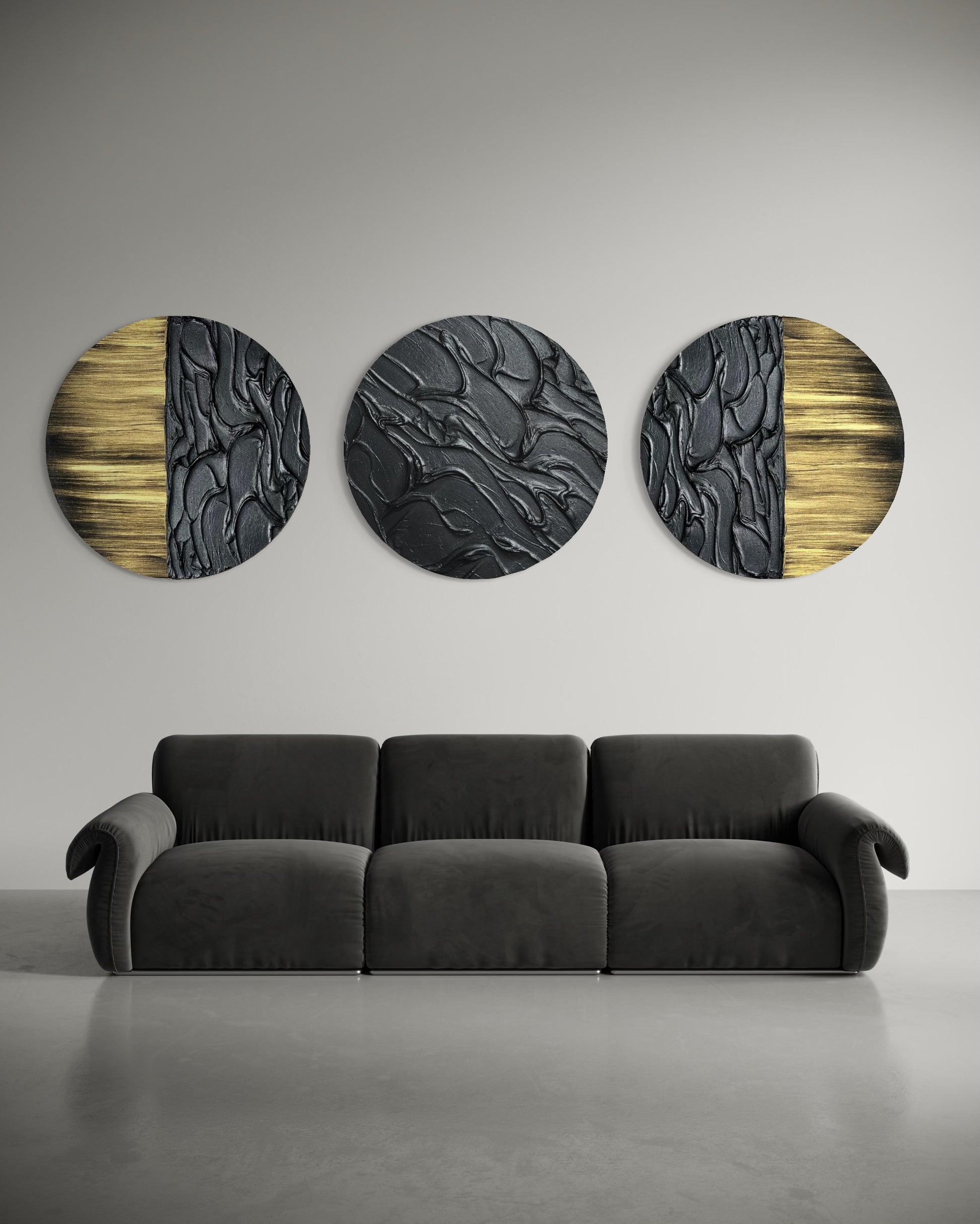 Modern black and gold abstract circle art set with textured patterns