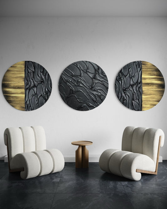 LAVA set of 3 round textured wall art in black with gold accents, handcrafted on stretched canvas