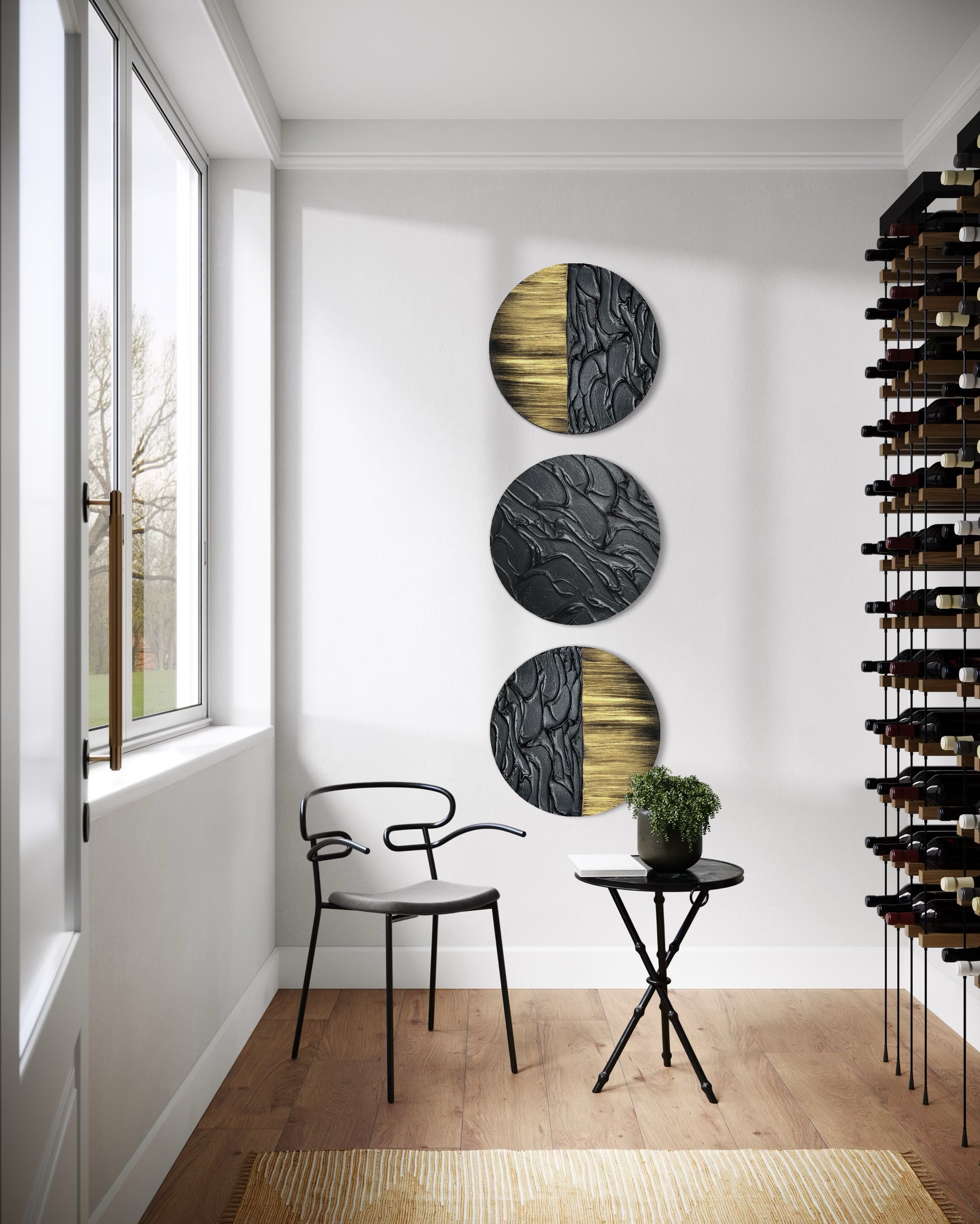 Mystical black and gold circular wall art trio with sculptural texture