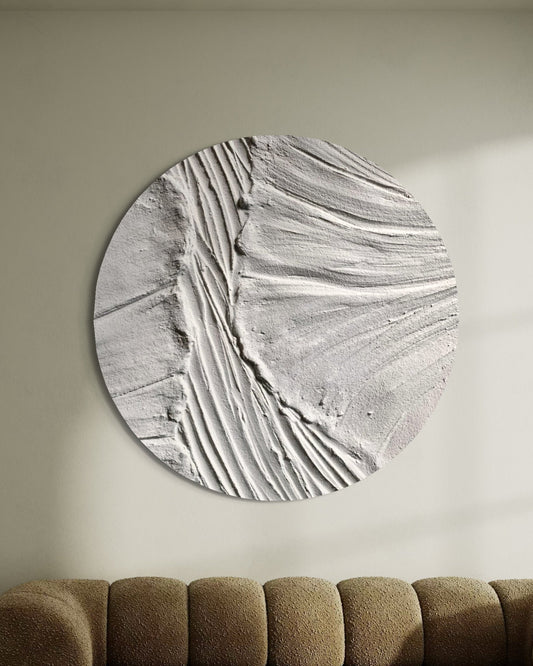 LILY white round textured wall art with sculptural floral design