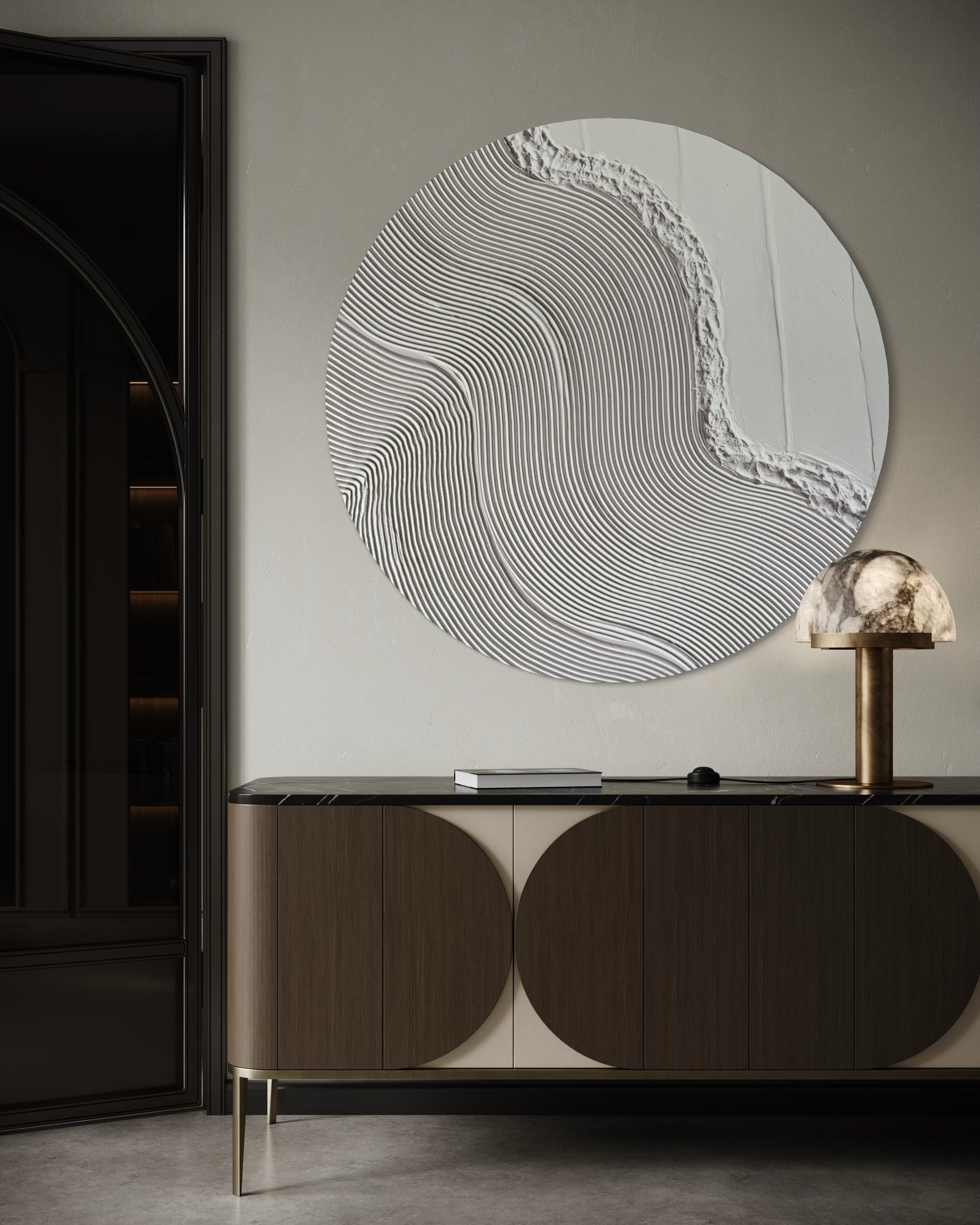 Japandi-style white round artwork with soft abstract lines