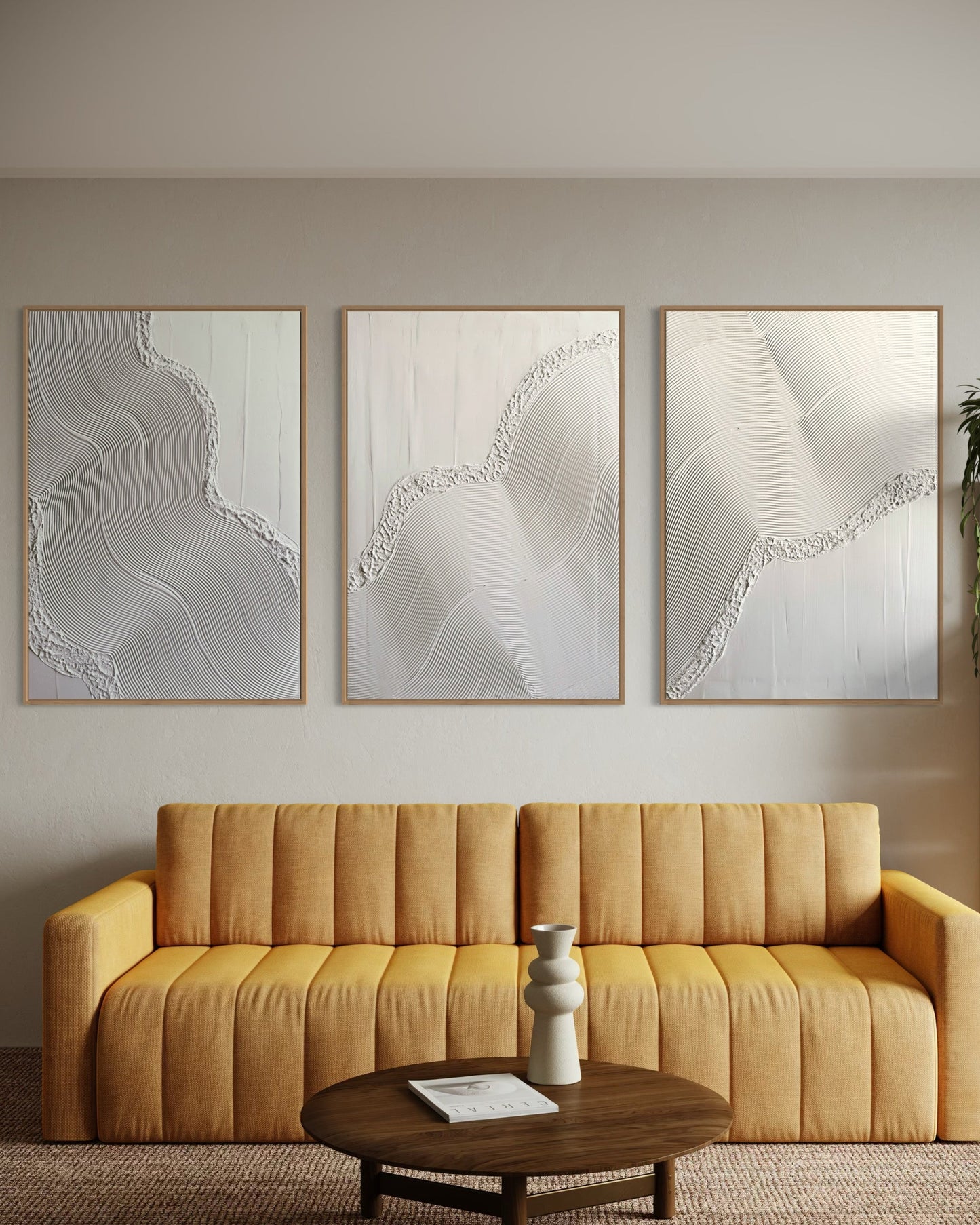 LOKI set of 3 white textured wall art pieces with abstract sculptural design