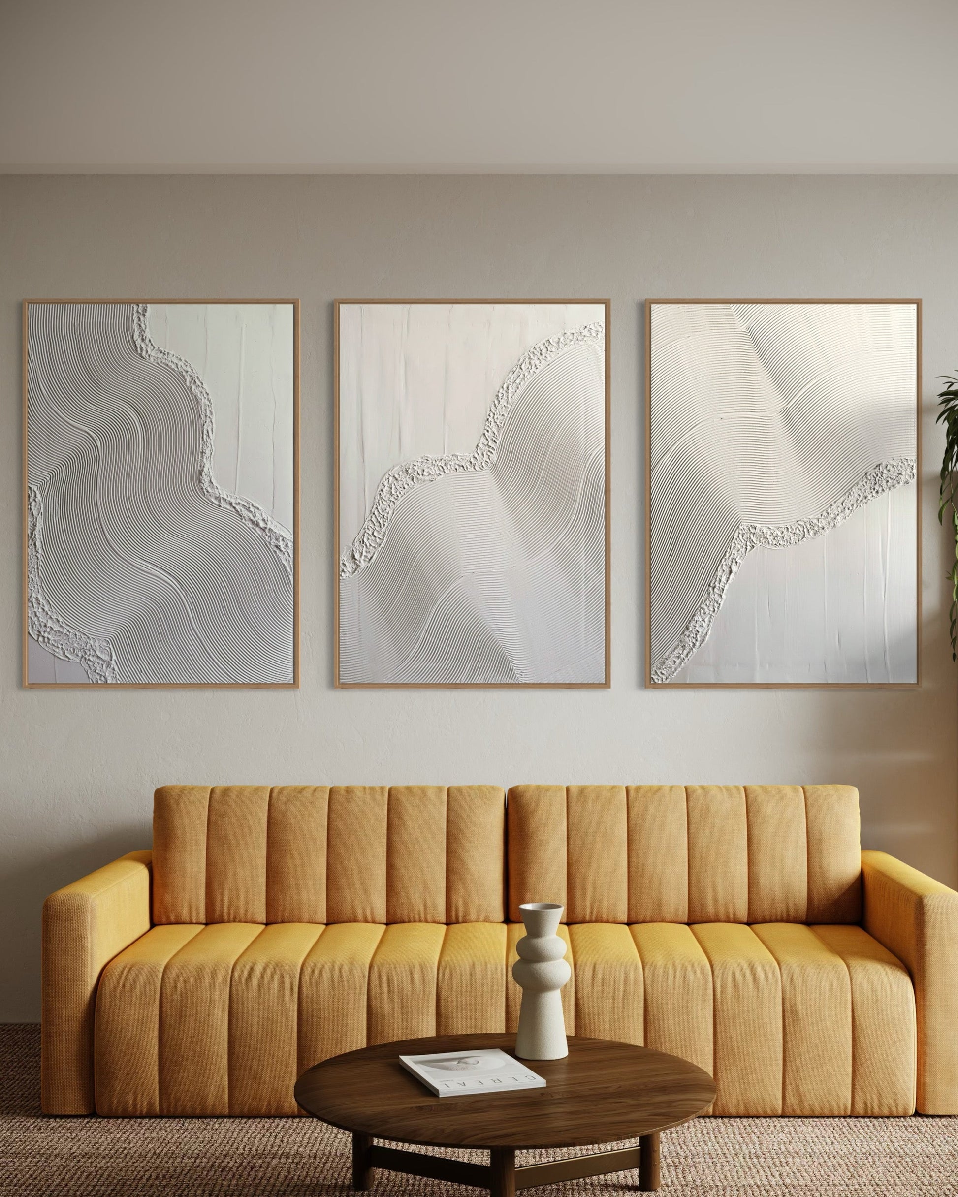LOKI set of 3 white textured wall art pieces with abstract sculptural design