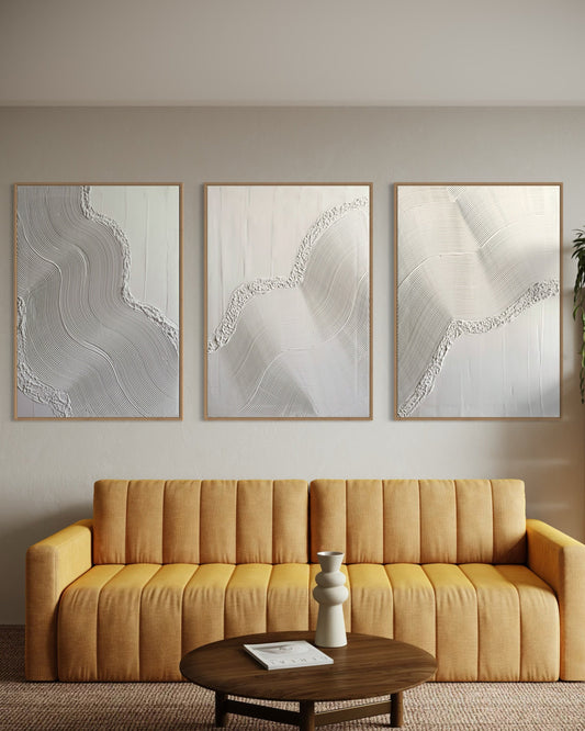 LOKI set of 3 white textured wall art pieces with abstract sculptural design