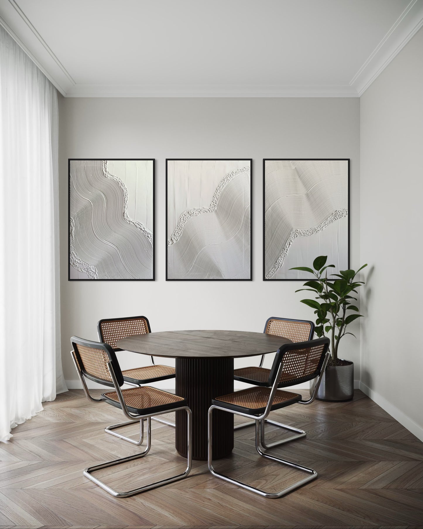 Handmade textured canvas trio with sculptural wave patterns in white