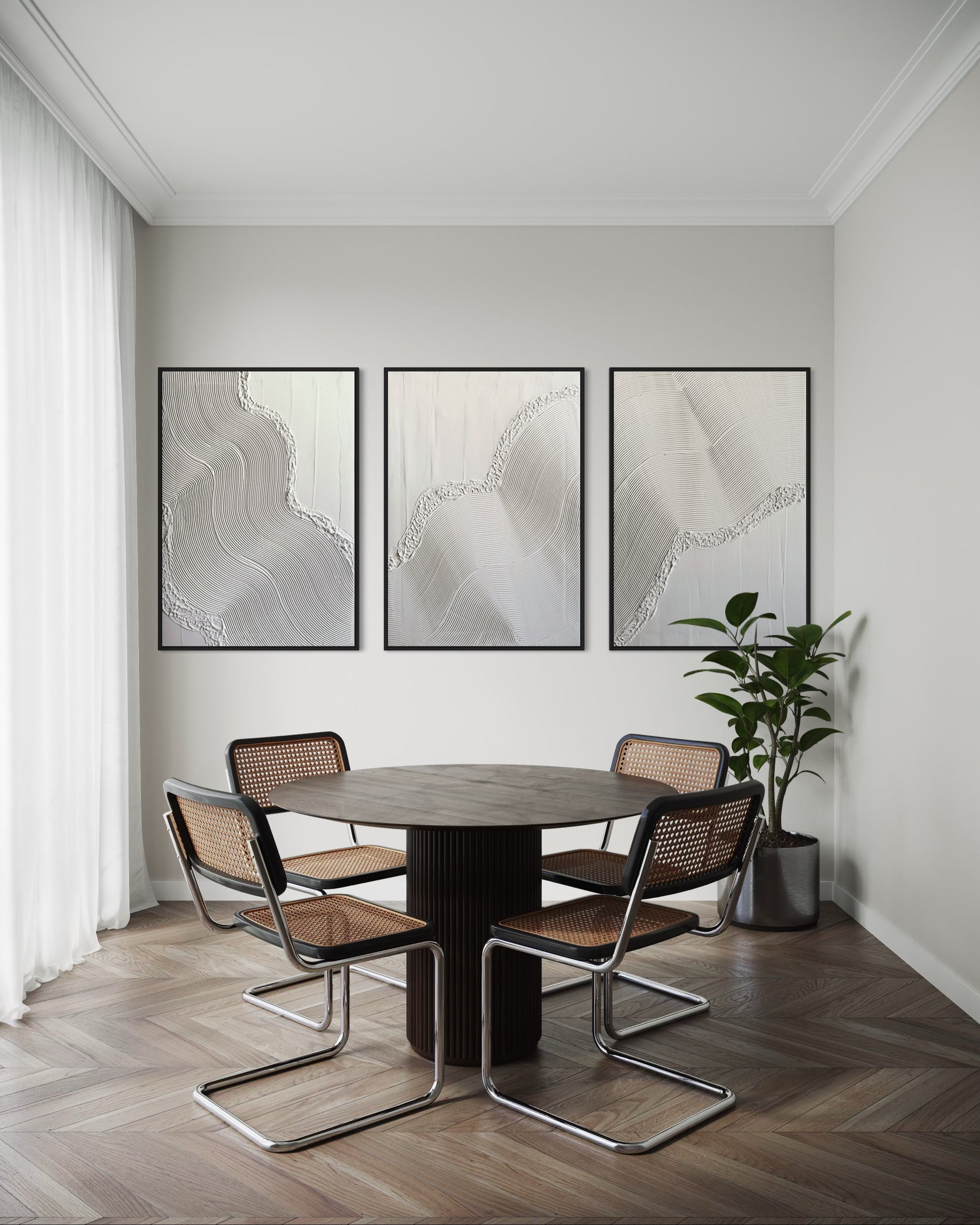 Handmade textured canvas trio with sculptural wave patterns in white