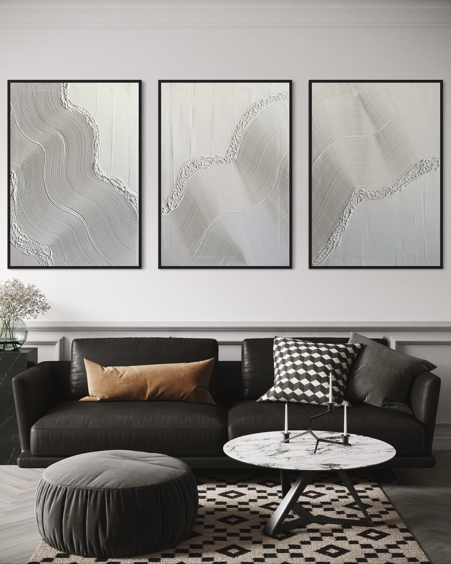 All-white abstract wall decor set with soft, dimensional surfaces