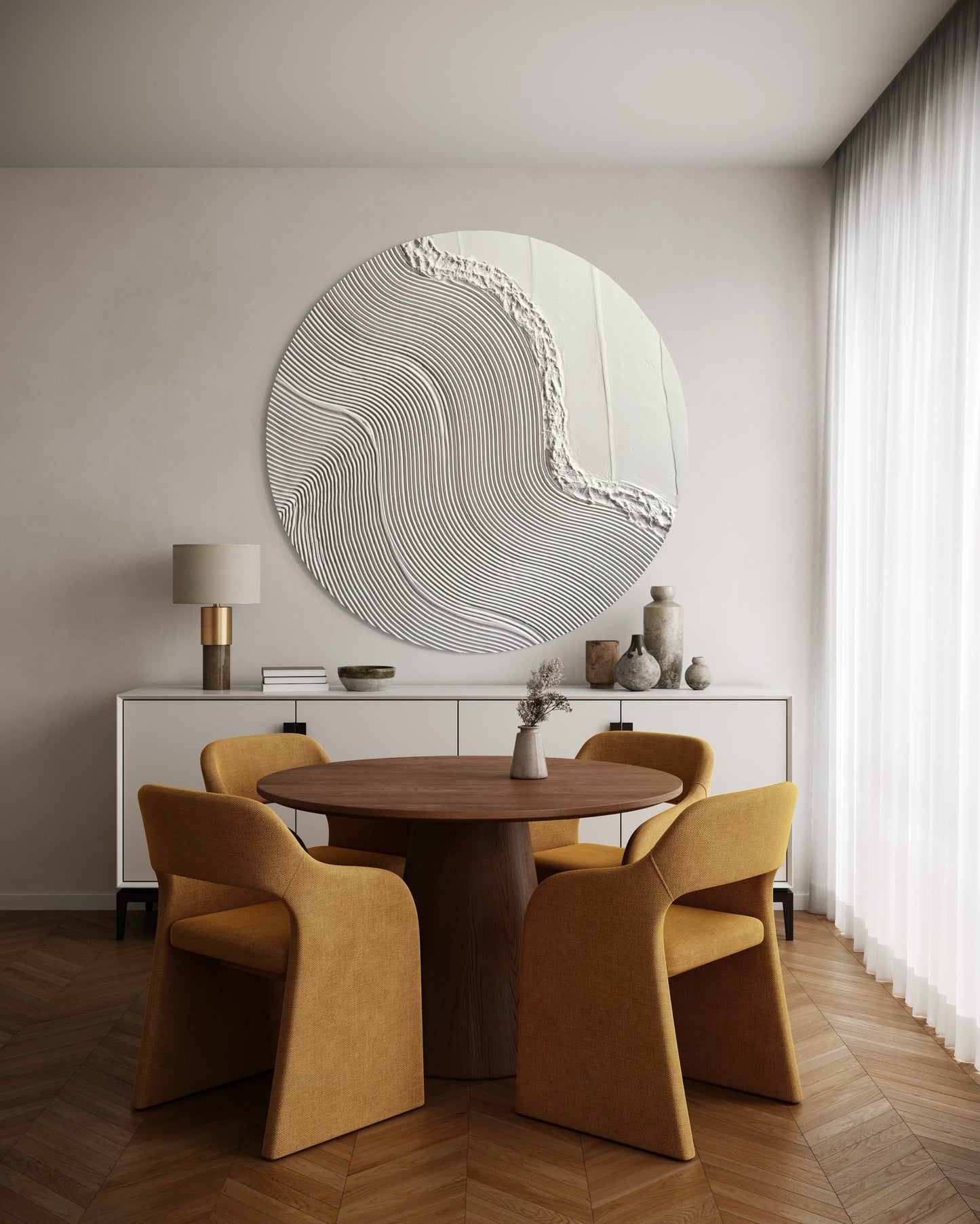 Contemporary white circle art with tactile texture