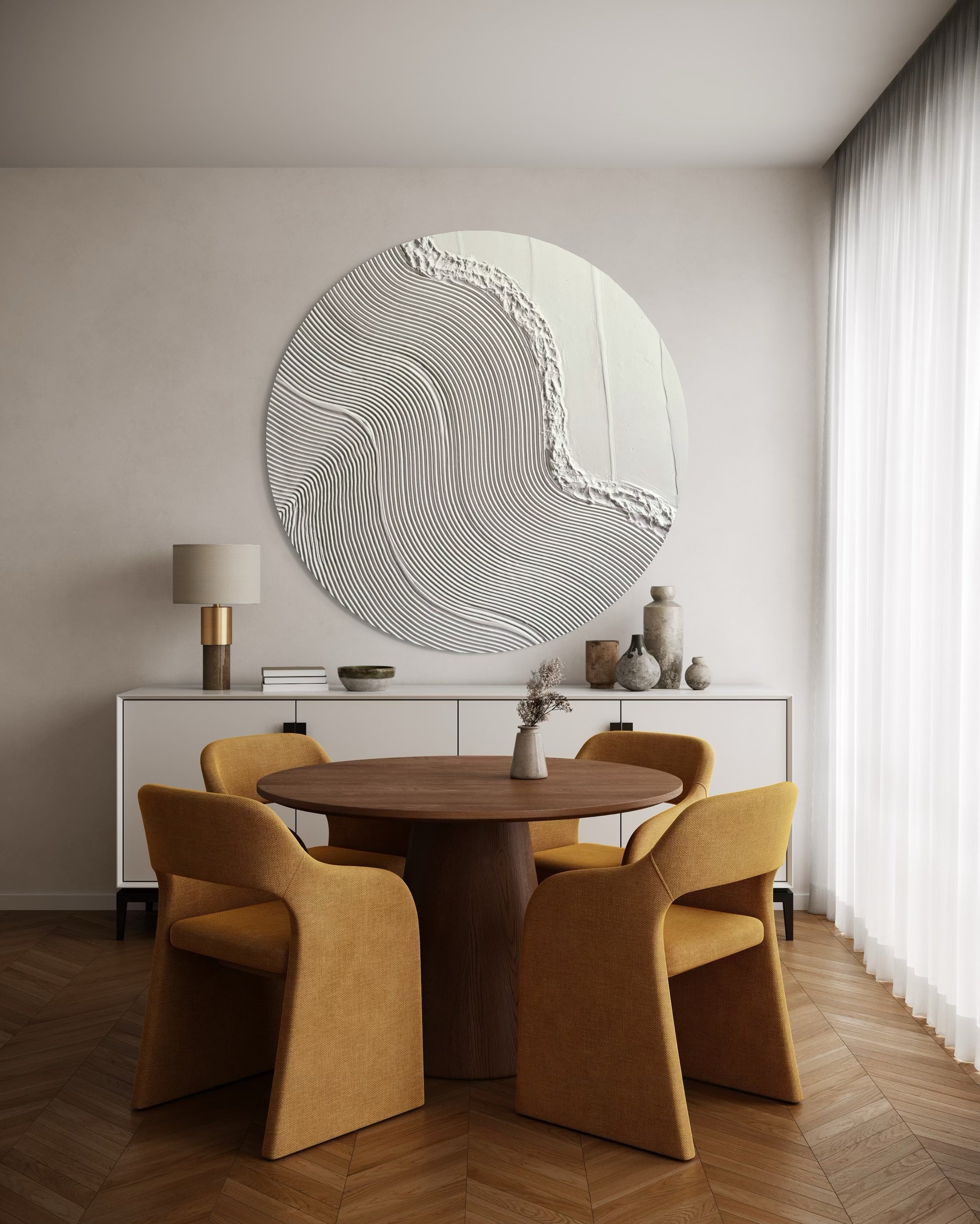 Contemporary white circle art with tactile texture